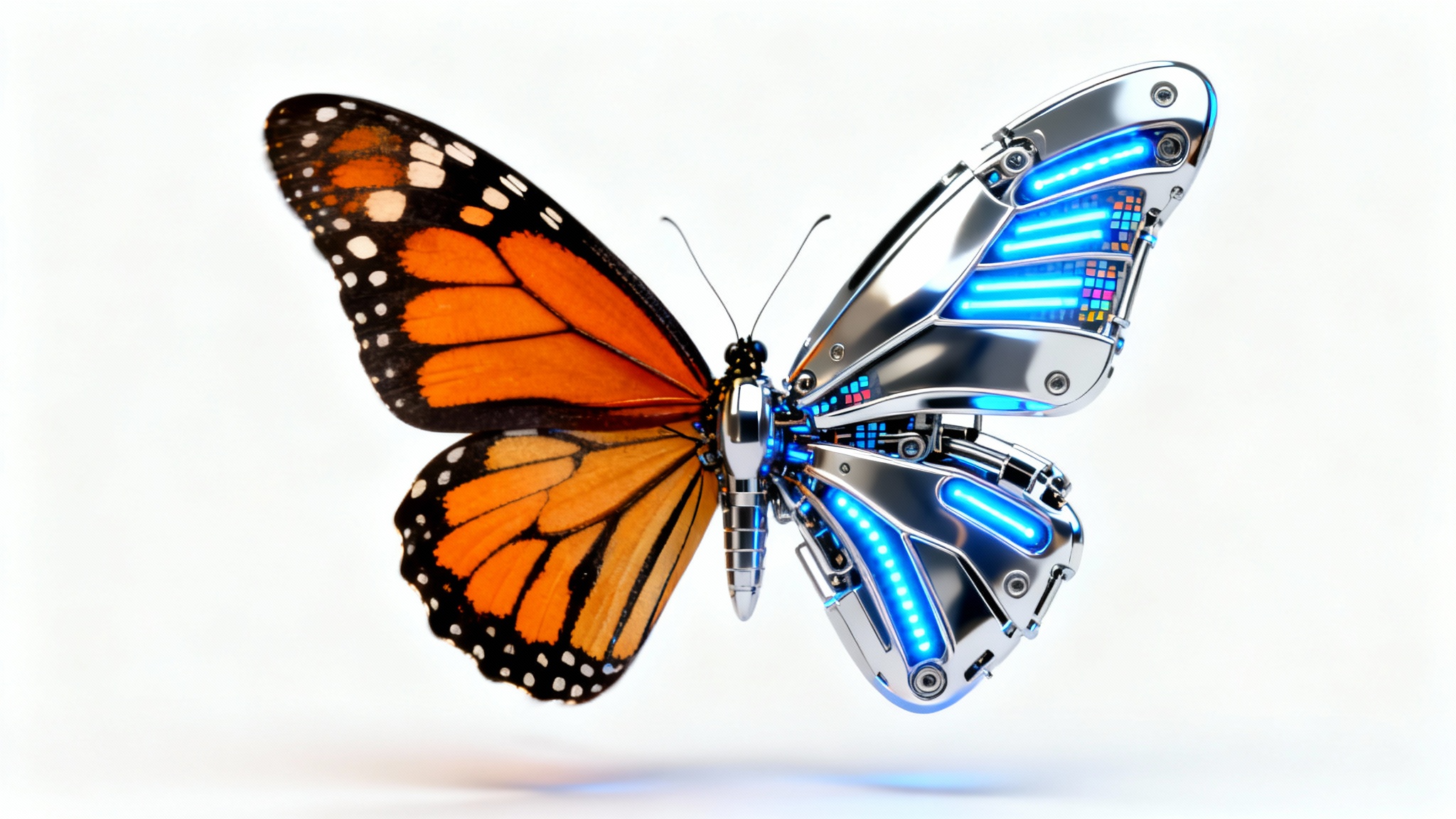 A close-up of a butterfly in mid-flight against a white background, symbolizing a morphing transformation. Its left wing is a natural monarch butterfly wing, while its right wing is a futuristic robotic wing made of chrome.