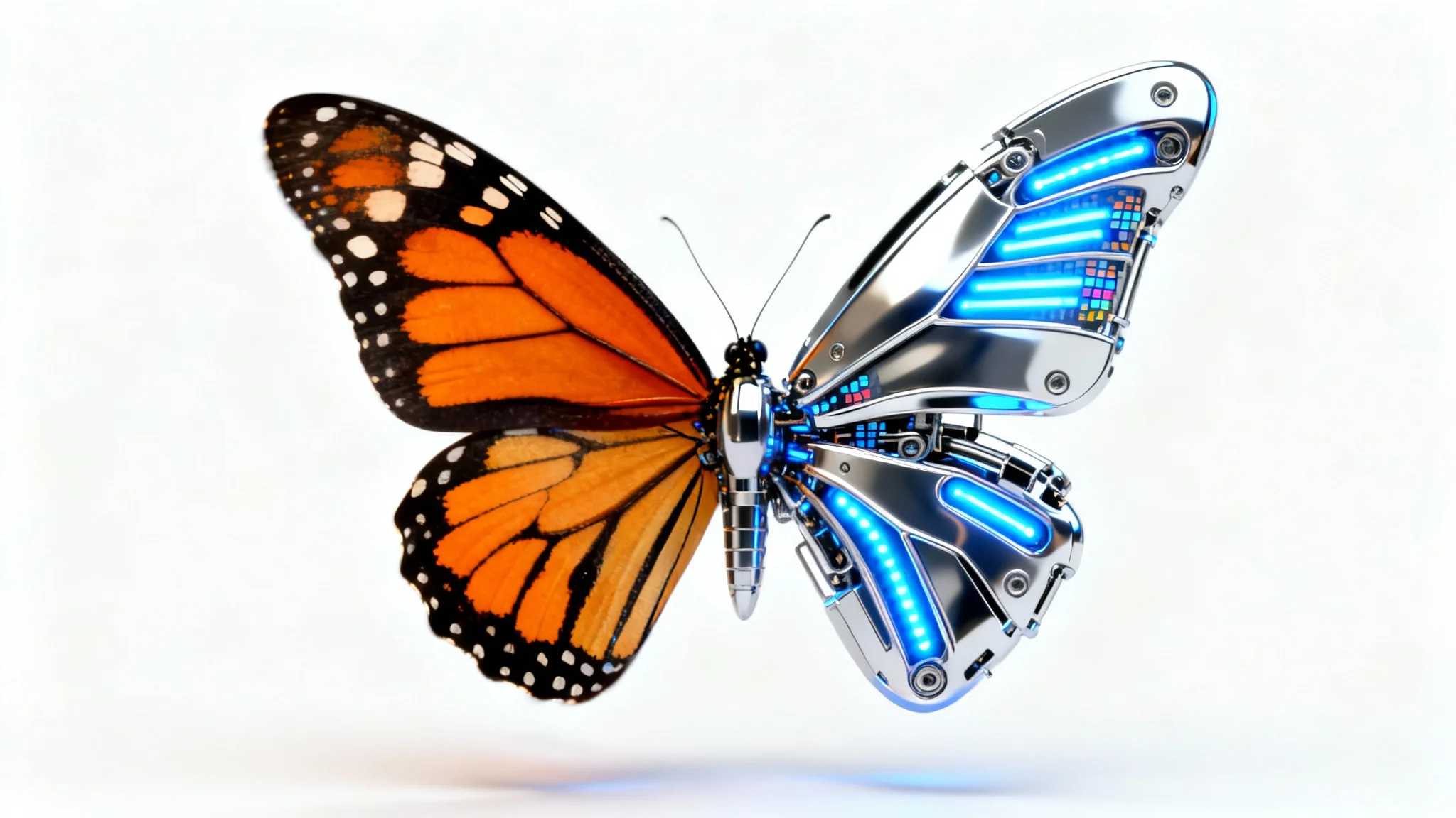 A close-up of a butterfly in mid-flight against a white background, symbolizing a morphing transformation. Its left wing is a natural monarch butterfly wing, while its right wing is a futuristic robotic wing made of chrome.