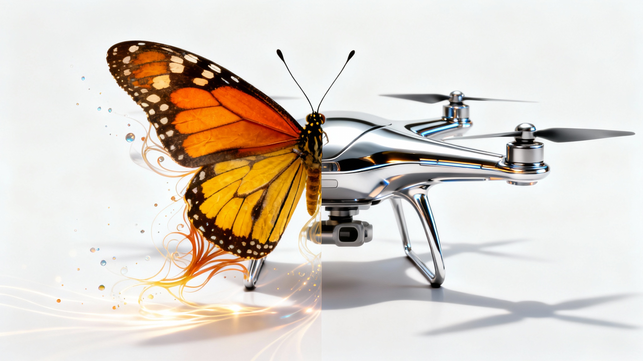 A hyper-realistic image of a Monarch butterfly on the left seamlessly morphing into a sleek, metallic drone on the right, set against a clean white background to illustrate transformation.