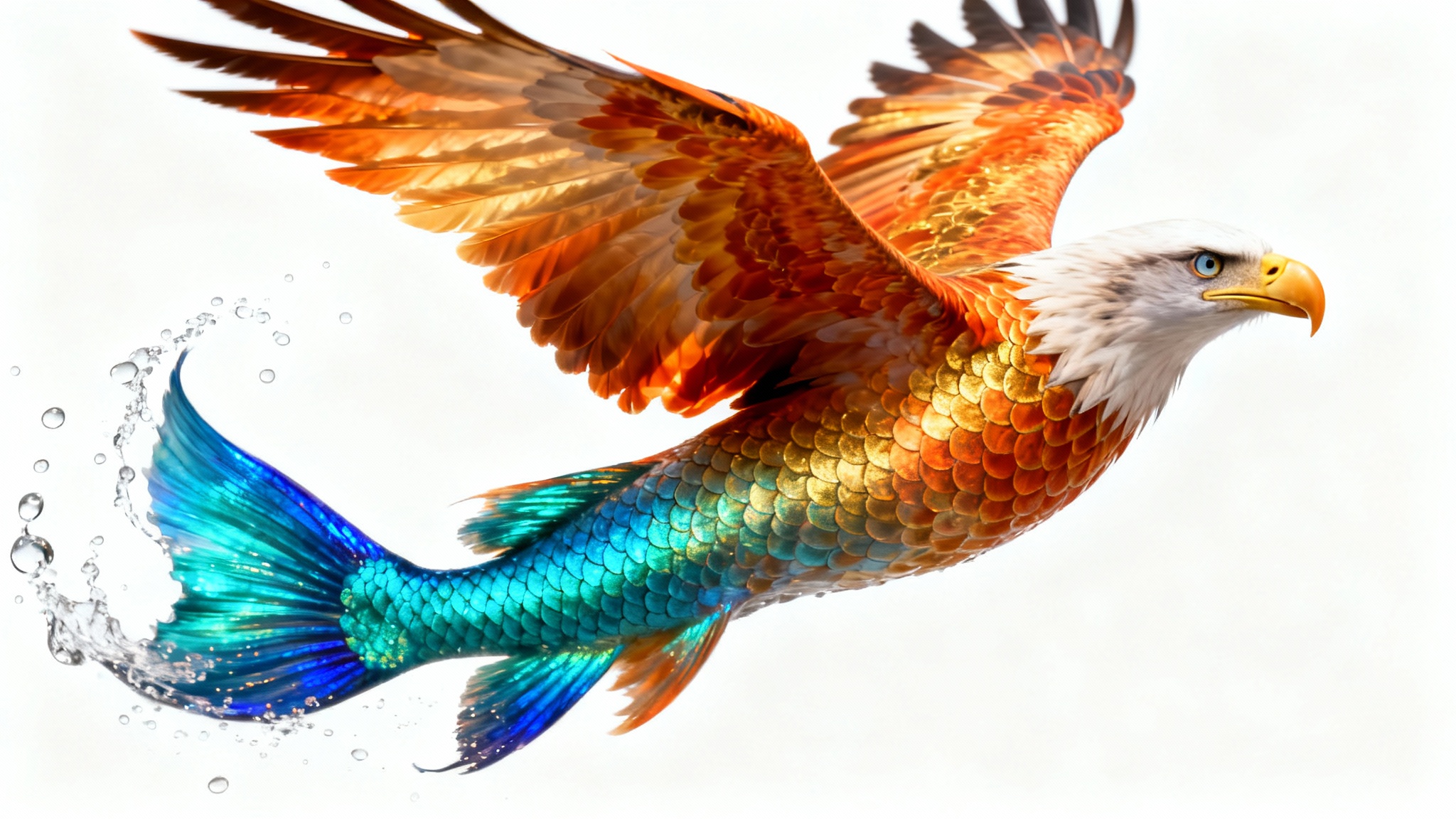 A surreal image of a creature morphing from a blue fish into a golden-feathered bird in mid-air against a white background.