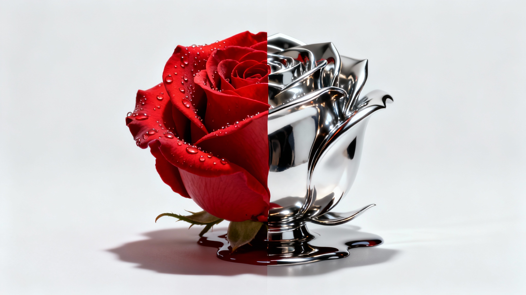 A hyperrealistic image depicting a transformation: the left half is a vibrant red rose, which seamlessly morphs into a polished chrome sculpture of the rose on the right, all set against a clean white background.