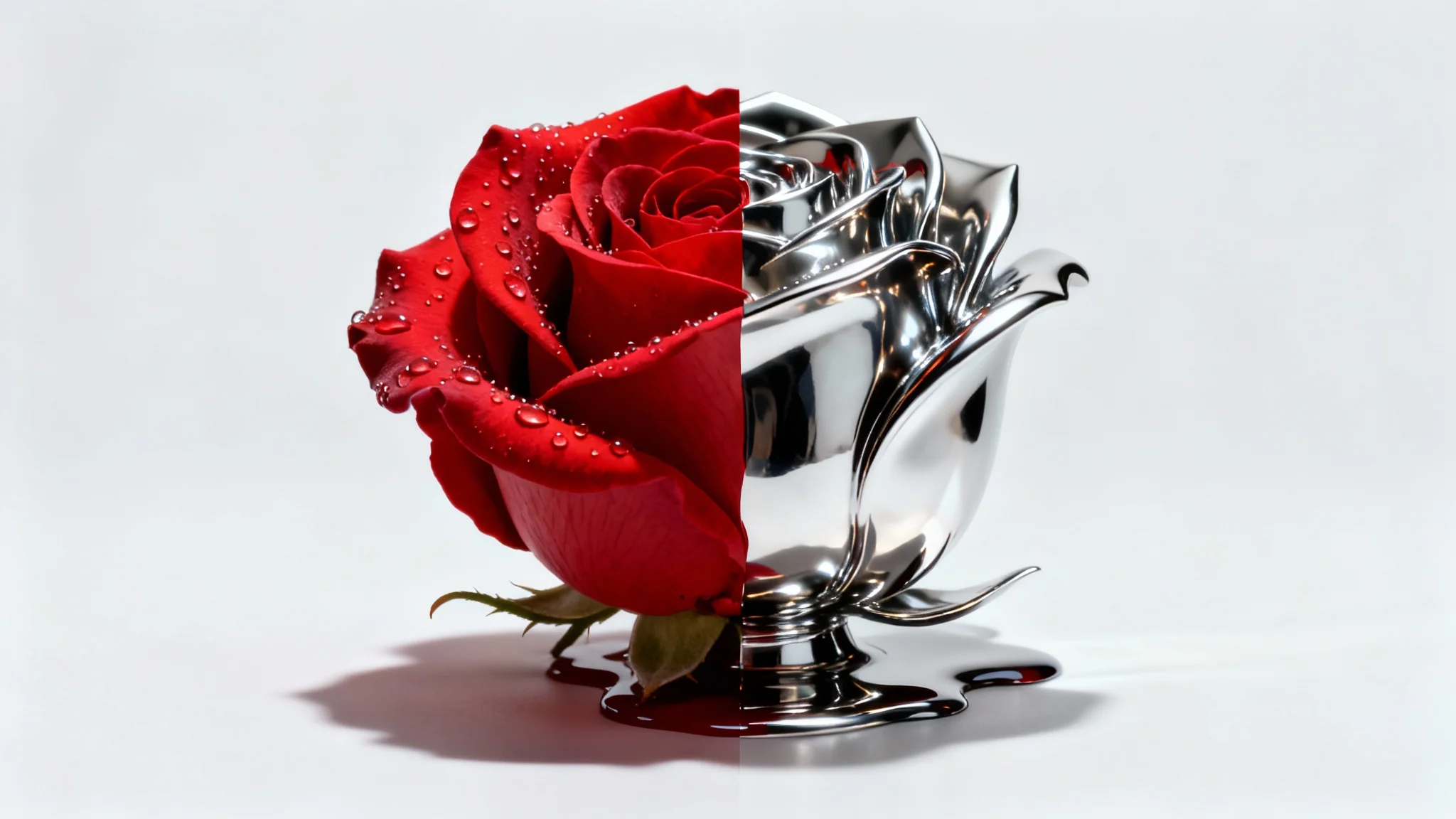 A hyperrealistic image depicting a transformation: the left half is a vibrant red rose, which seamlessly morphs into a polished chrome sculpture of the rose on the right, all set against a clean white background.