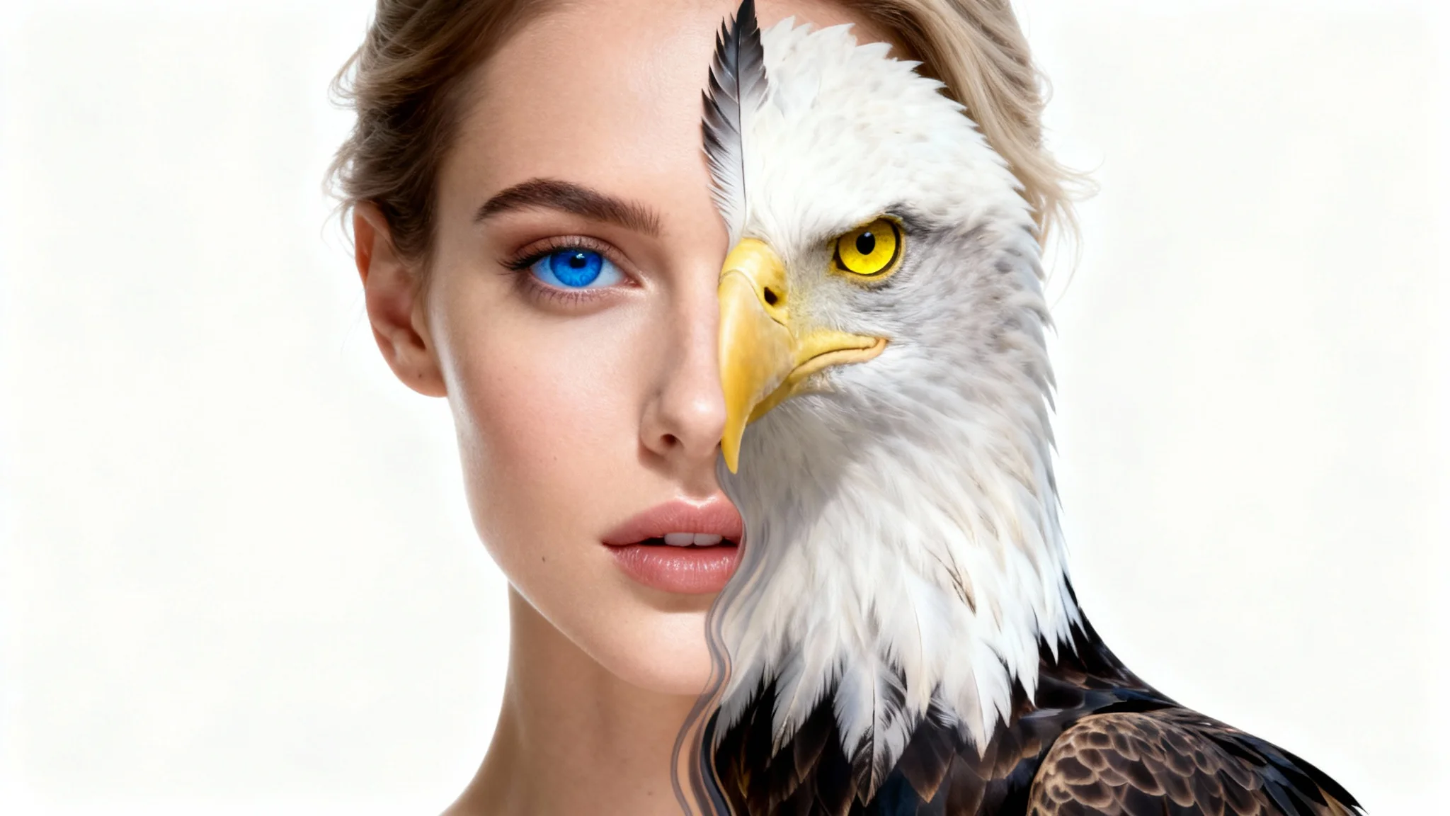A high-detail, surreal image showing a woman's face on the left seamlessly morphing into a bald eagle's face on the right, against a plain white background, illustrating the concept of transformation.