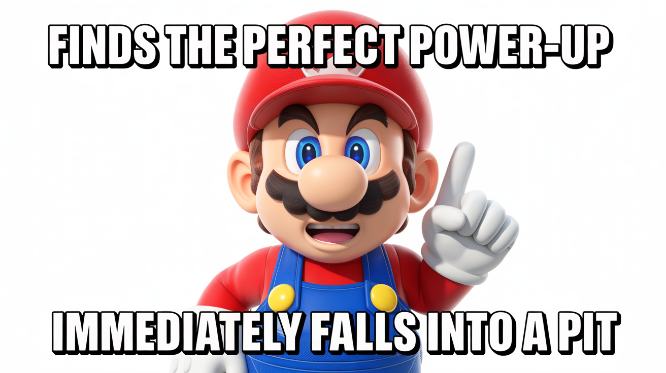 A finished internet meme showing a frustrated-looking Mario. The top text says 'FINDS THE PERFECT POWER-UP' and the bottom text says 'IMMEDIATELY FALLS INTO A PIT'.