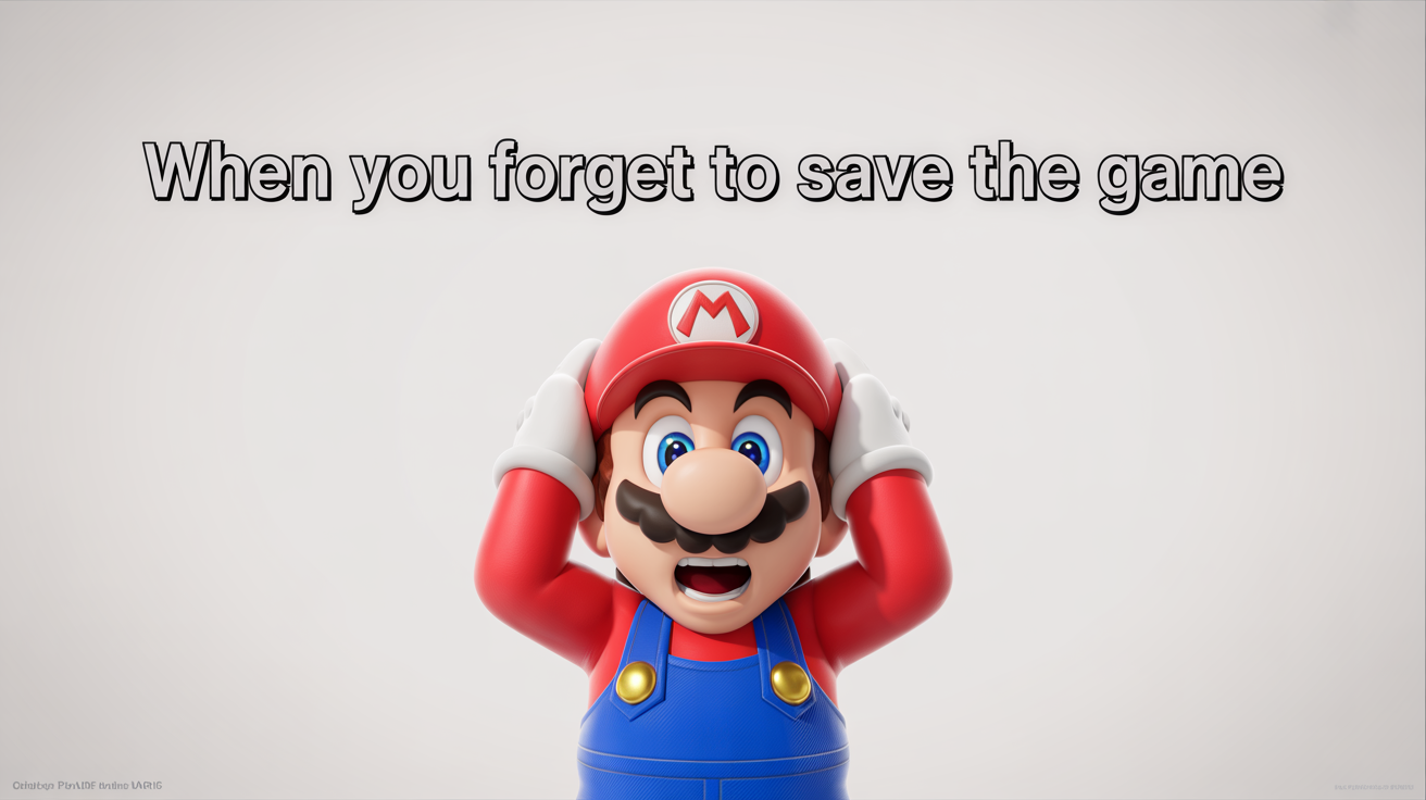 A meme image showing a 3D render of Mario looking panicked with his hands on his head. The text above him reads 'WHEN YOU FORGET TO SAVE THE GAME'.