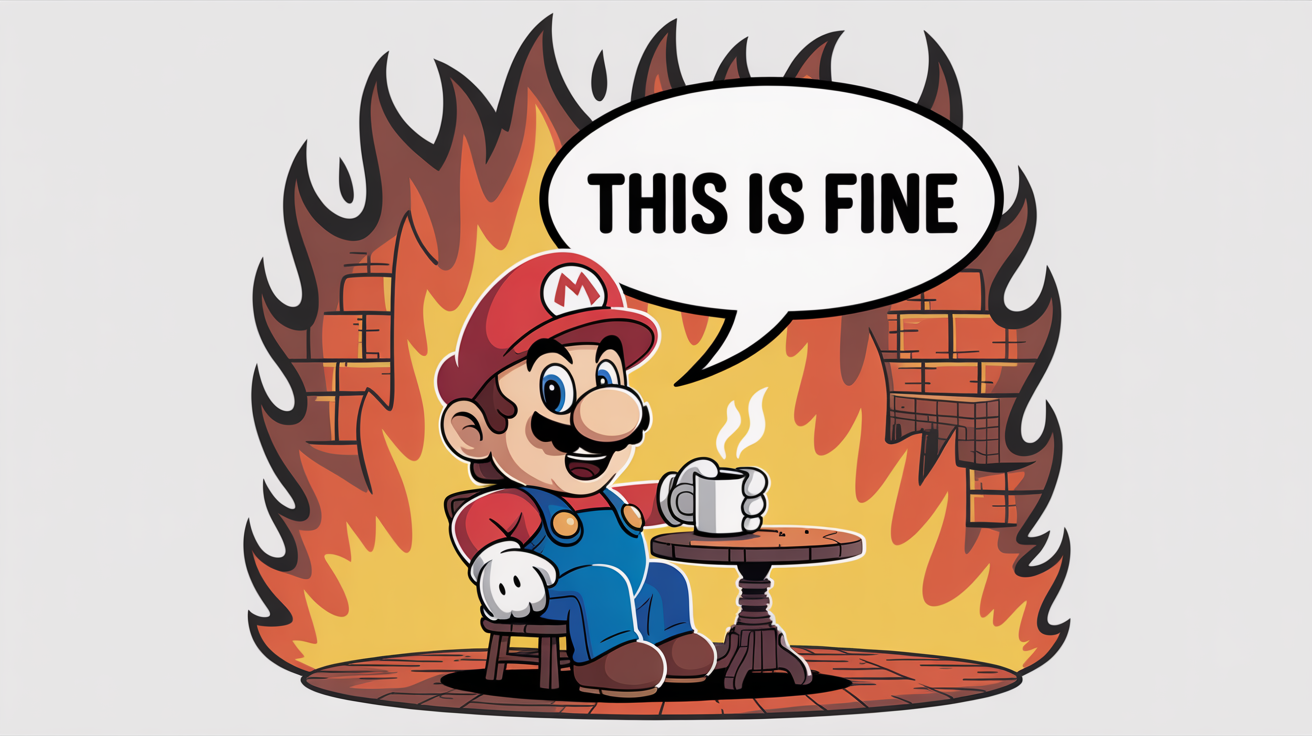 A mockup of the 'This is fine' meme, but with the dog replaced by the video game character Mario, sitting calmly in a burning room with a smile.