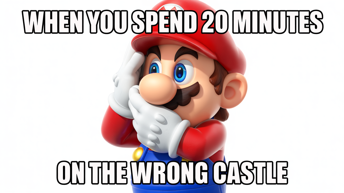 A meme of Mario facepalming. The text reads: 'WHEN YOU SPEND 20 MINUTES ON THE WRONG CASTLE'.