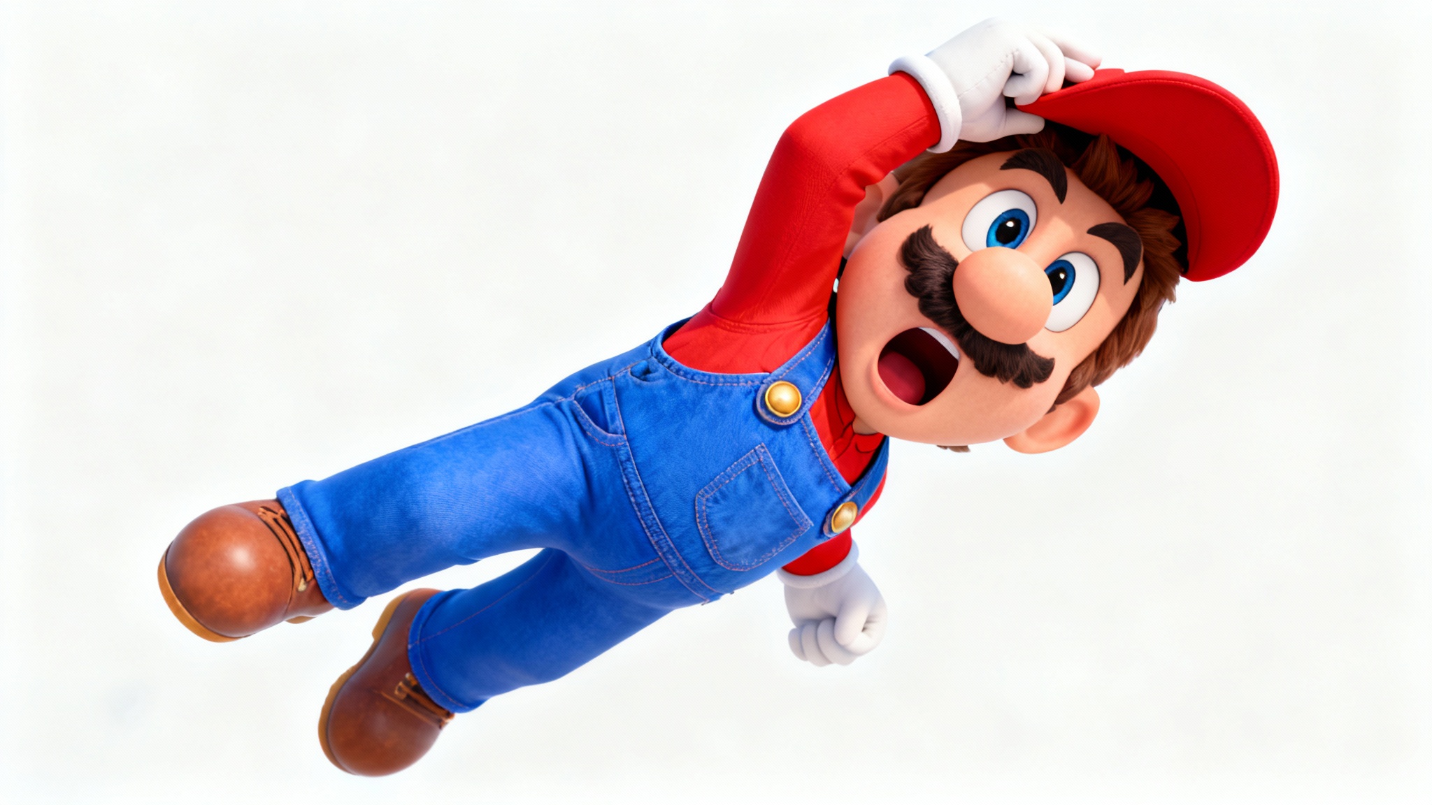 A funny 3D render of the video game character Mario in a meme-style pose. He looks comically shocked, with wide eyes and his mouth open, holding his hat on a solid white background.