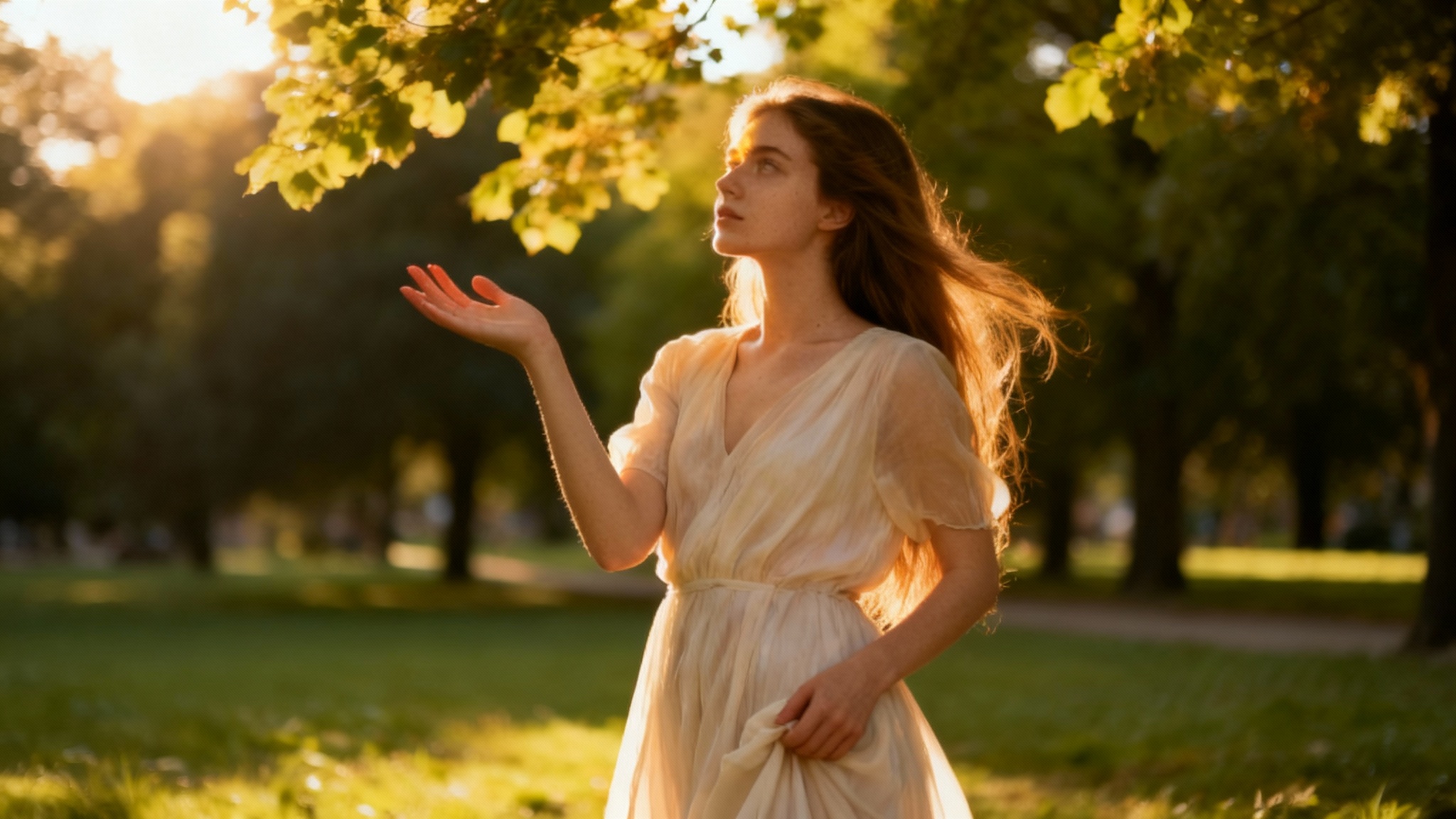 A photorealistic image showing the 'after' result of a hand-posing tool: a woman in a sunlit park has her hands elegantly re-posed, with one raised palm-out and the other holding her dress.