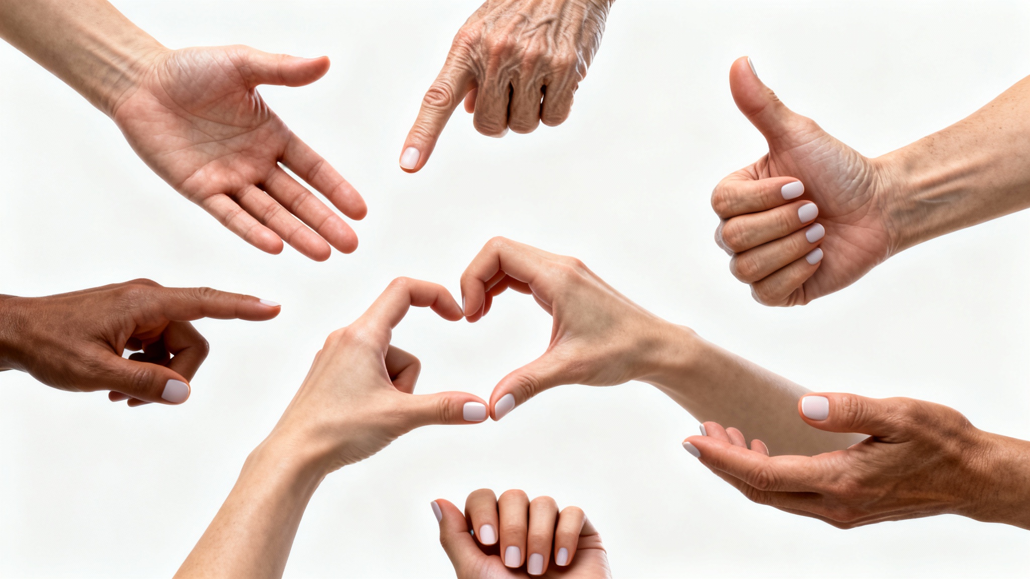 A collection of realistic, diverse human hands in various poses, arranged artistically against a clean white background.