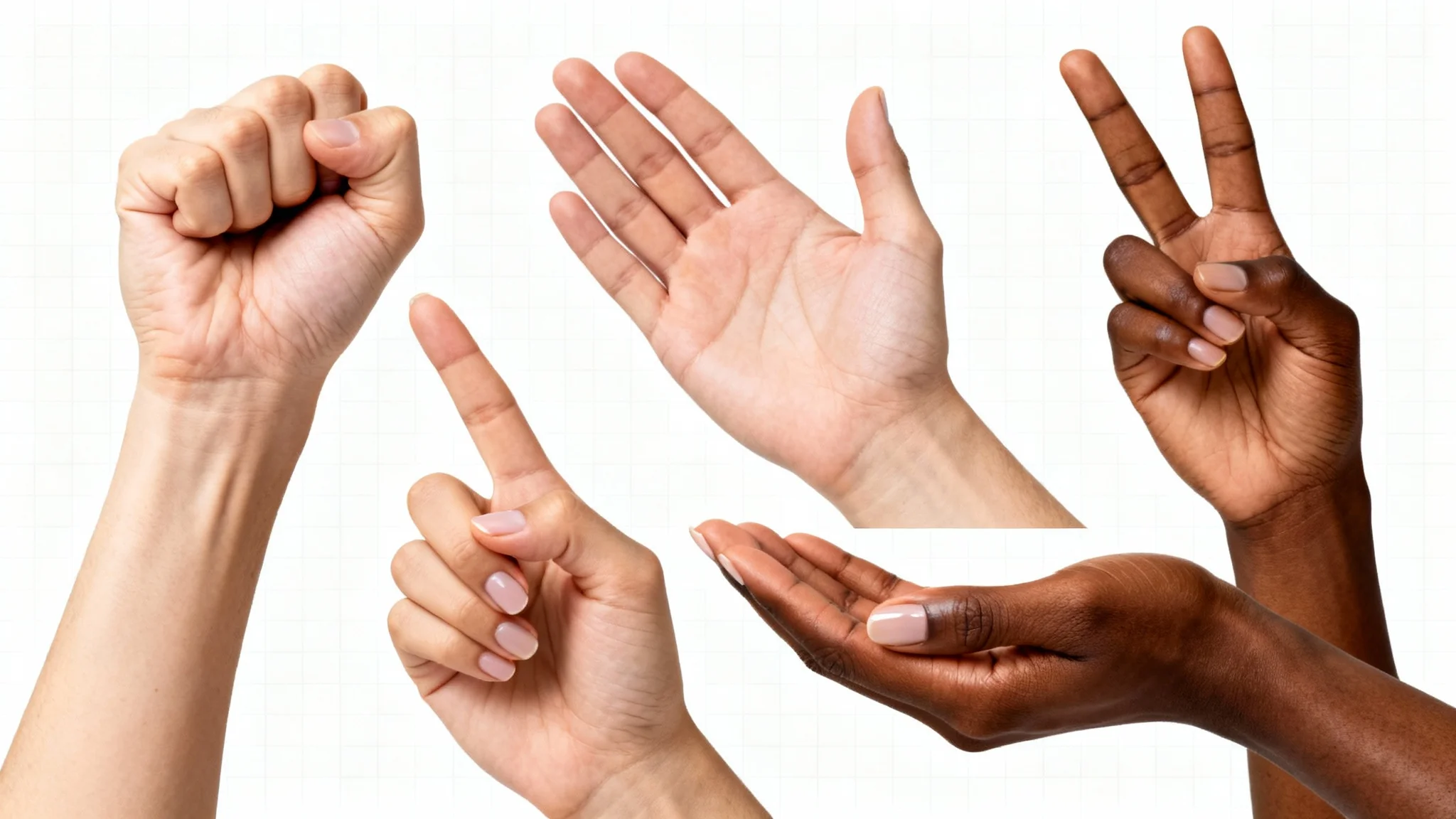 A photorealistic mockup showing a collection of diverse human hands in various poses against a clean white background, illustrating hand gesture variety.