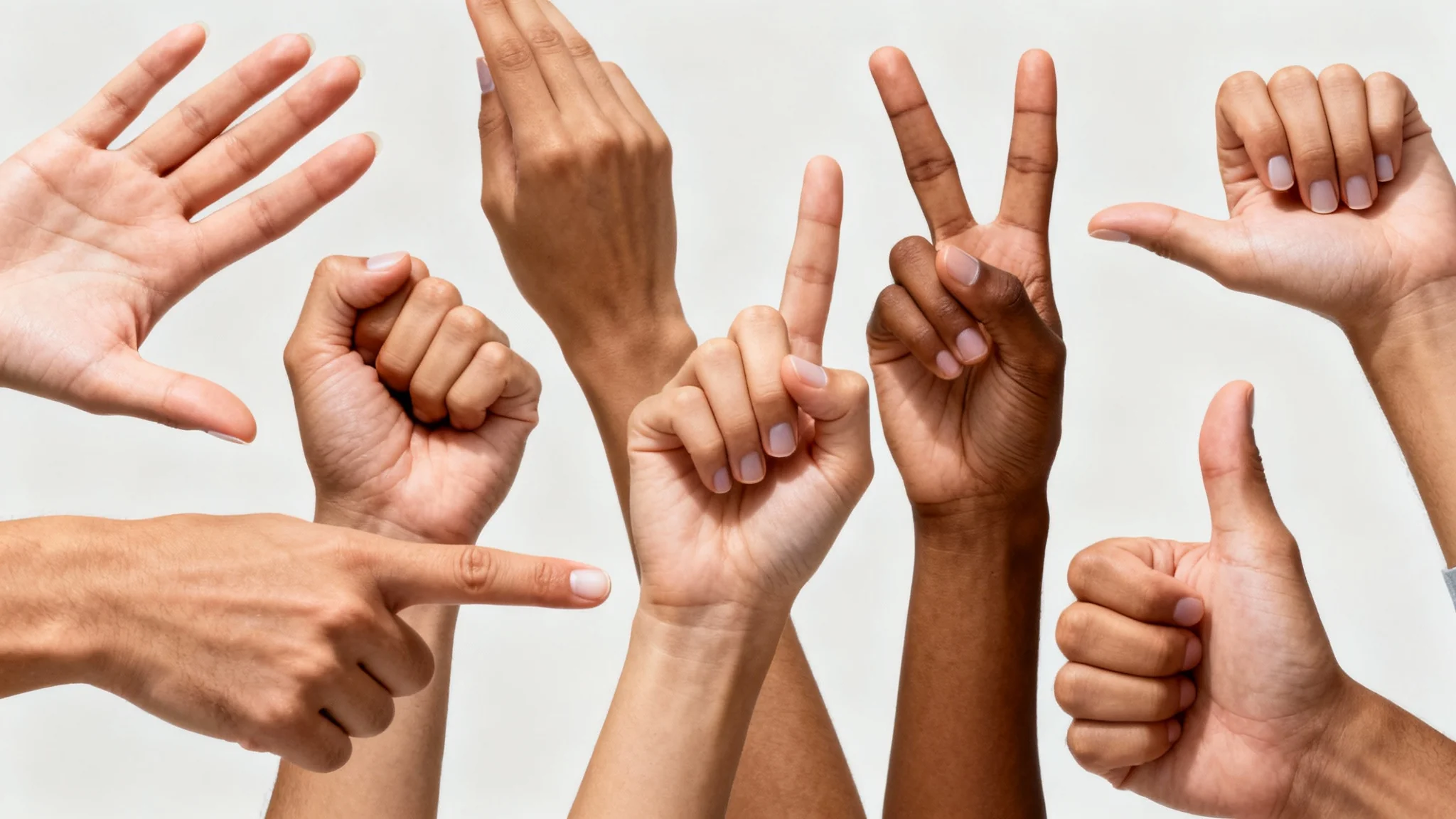 A collage of diverse human hands in various poses, including a peace sign and an open palm, against a clean white background, showcasing different hand gestures.