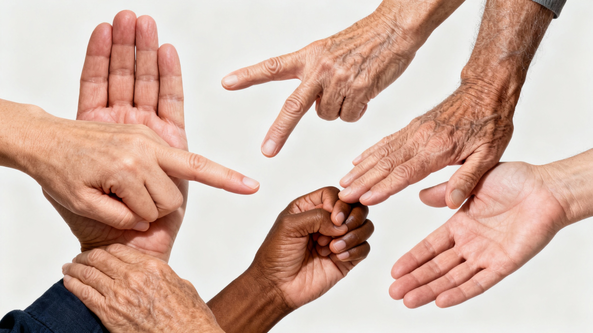A diverse collage of photorealistic human hands in various artistic poses against a clean, off-white background, demonstrating different gestures and expressions.