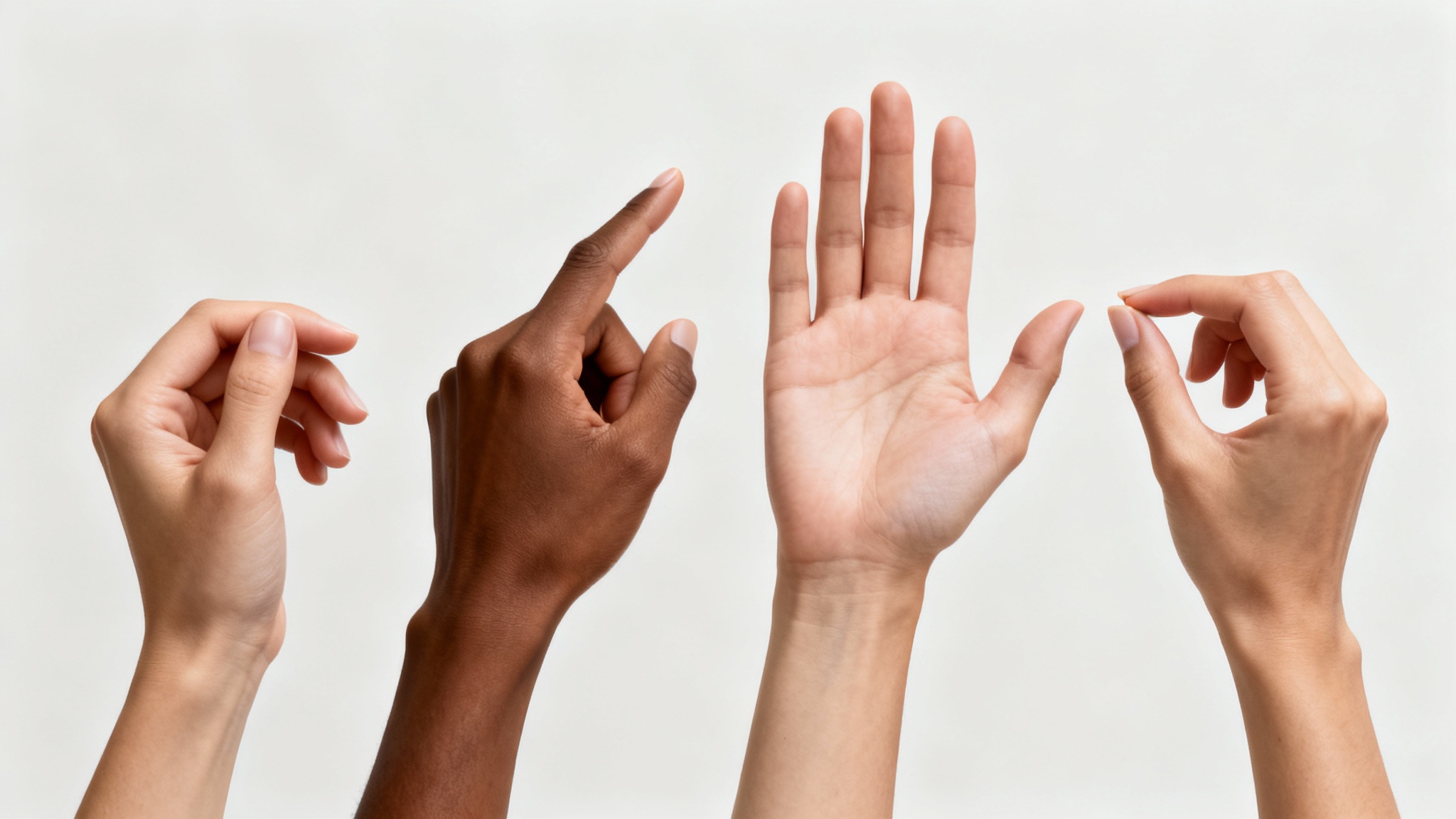 A collection of four diverse, photorealistic human hands in different expressive poses, set against a plain white background.