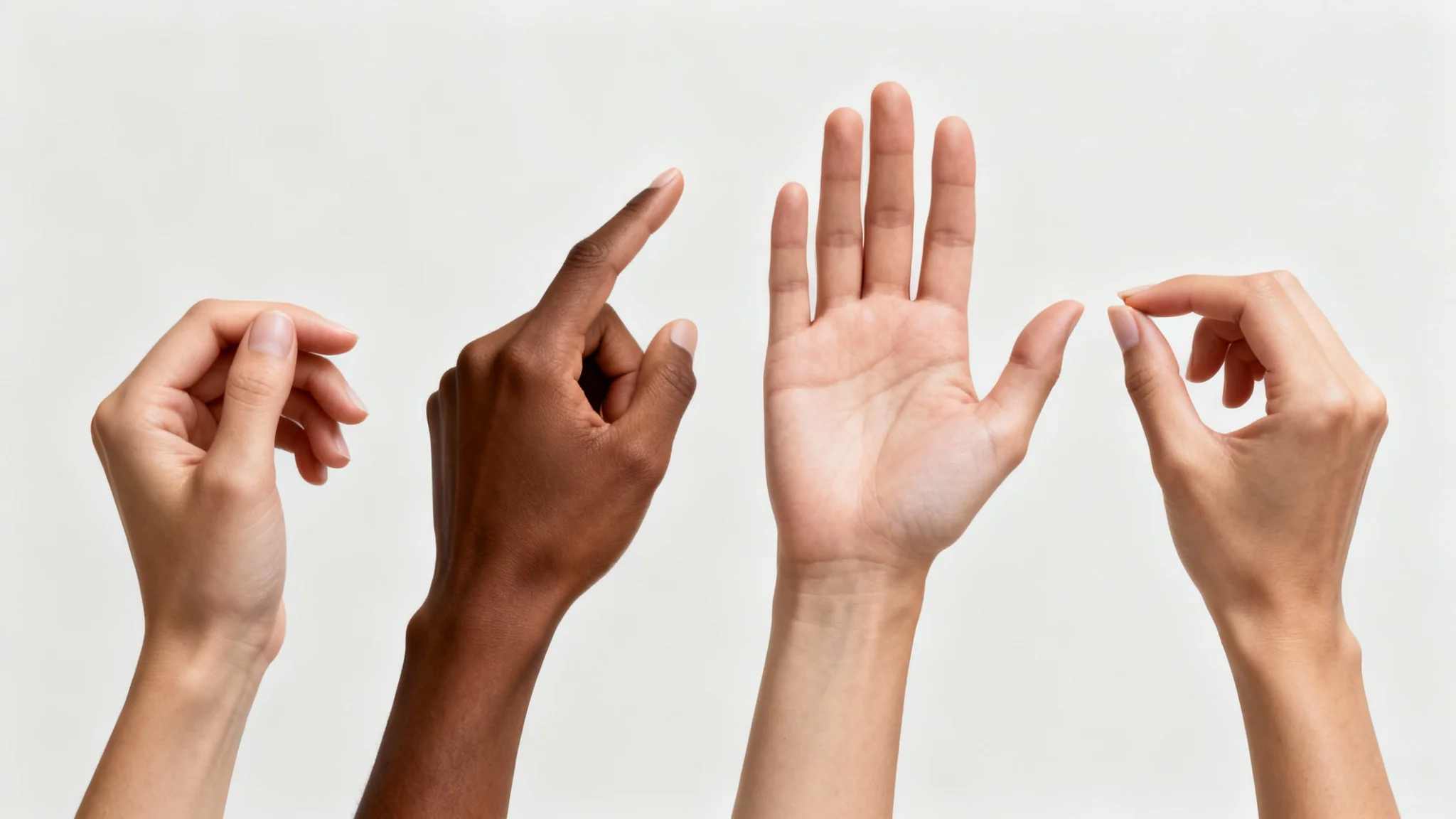 A collection of four diverse, photorealistic human hands in different expressive poses, set against a plain white background.