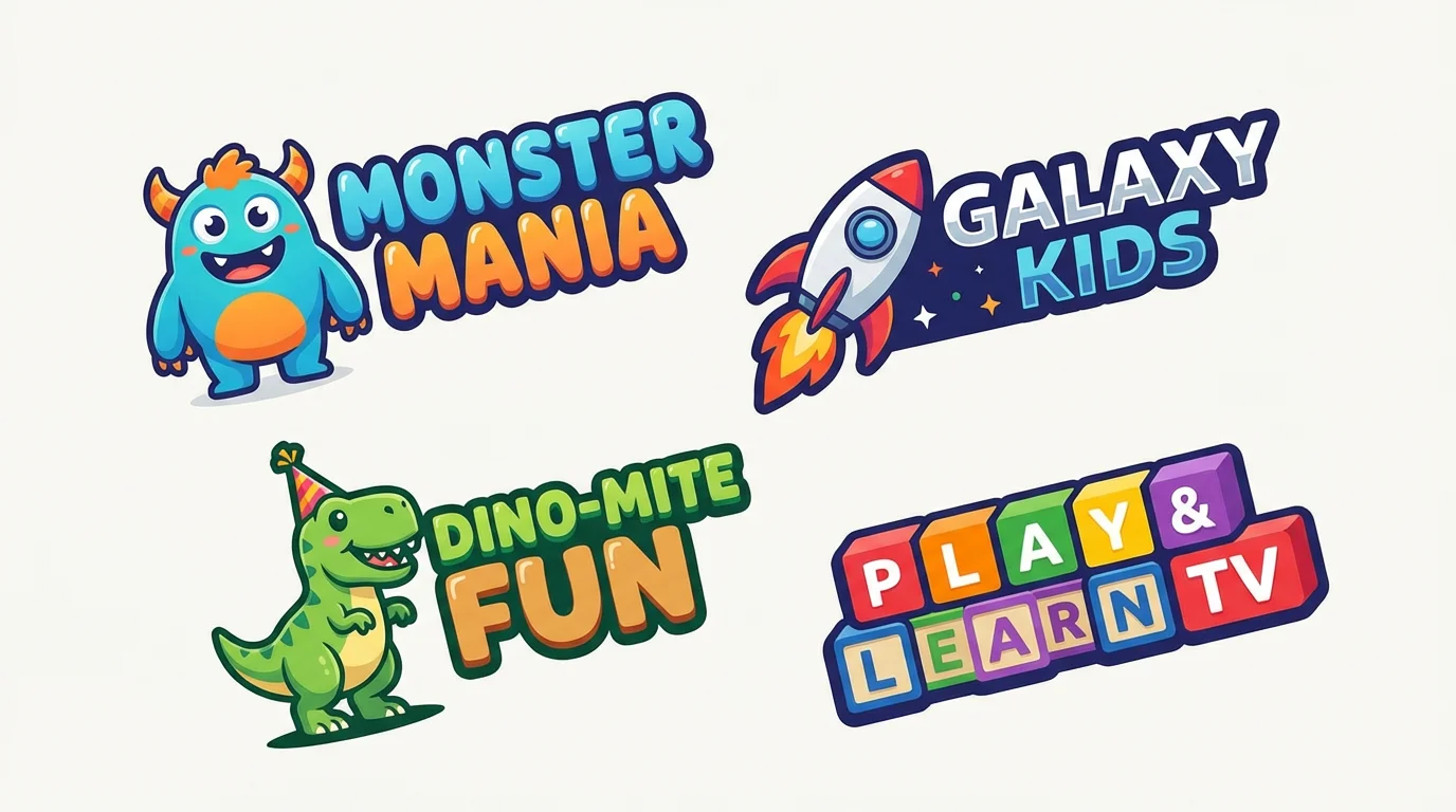 A collection of colorful and fun kids channel logos, featuring a friendly monster, a rocket ship, a dinosaur, and building blocks, showcased as final designs.