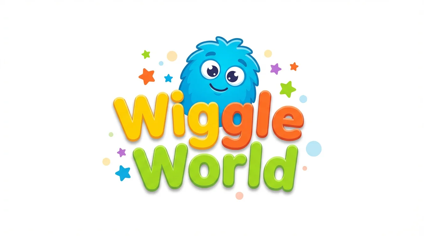 A colorful and playful logo for a kids' channel named 'Wiggle World'. A friendly blue cartoon monster peeks from behind the bubbly, multi-colored text on a clean white background.