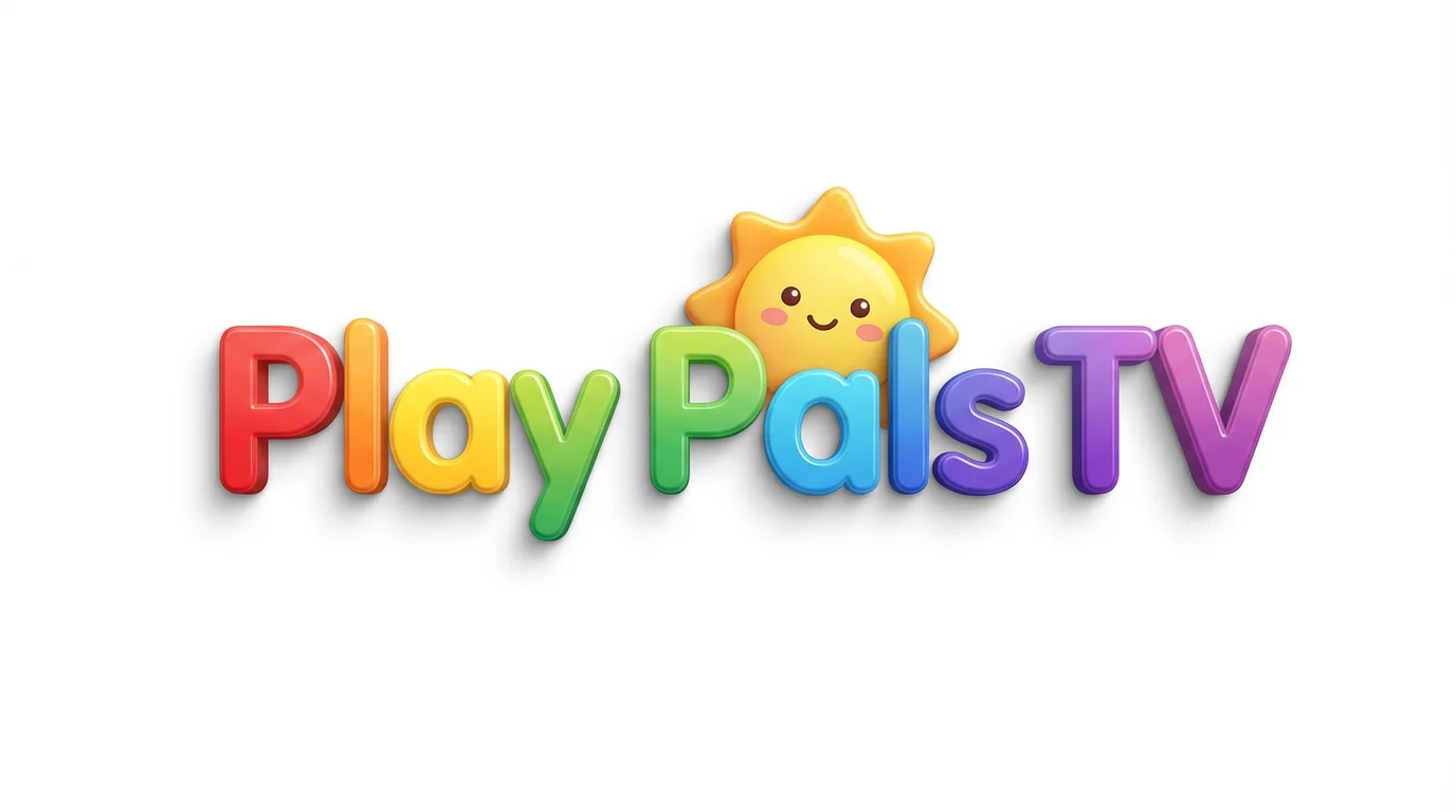 A colorful, 3D mockup of a logo for a kids' channel named 'Play Pals TV'. The text is bubbly and rainbow-colored, with a cute cartoon character peeking out, all set against a clean white background.