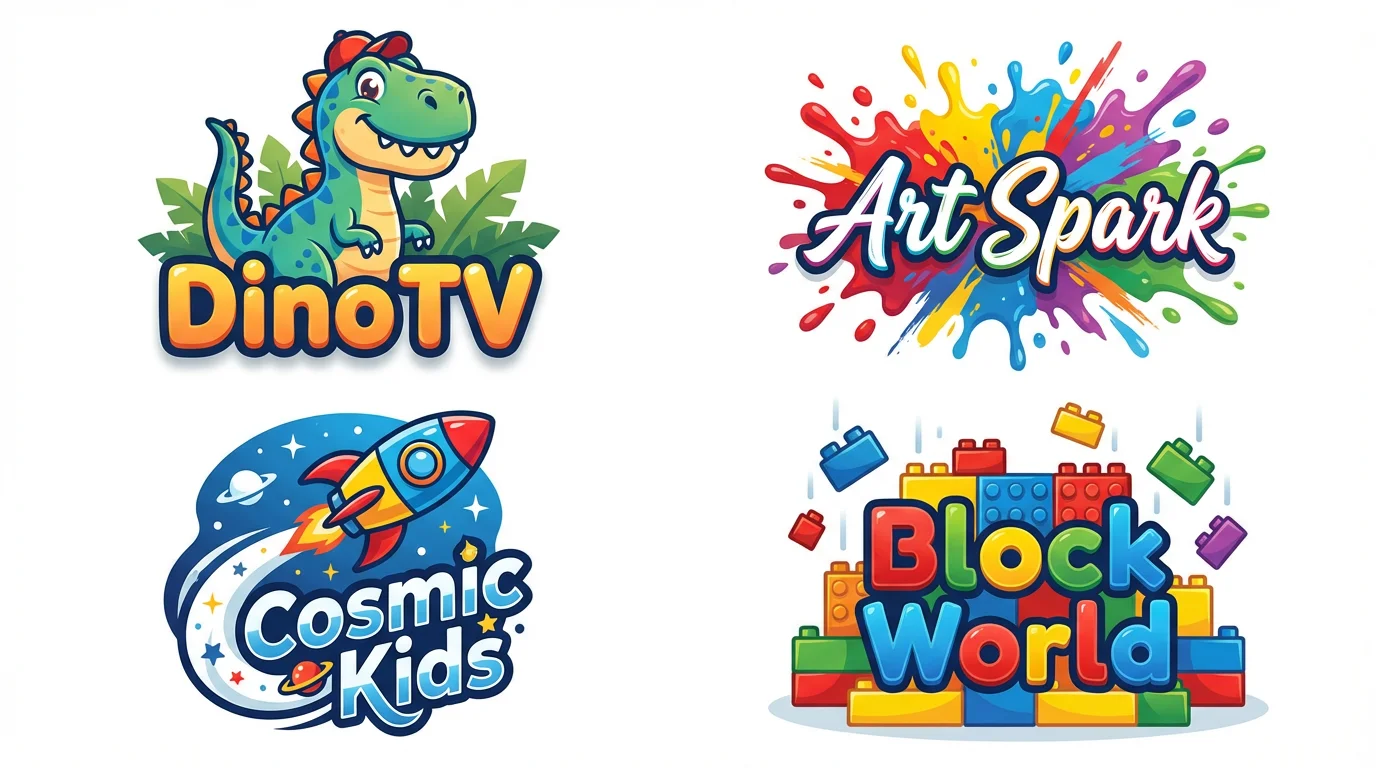 A mockup showcasing four different logo designs for a kids' channel, presented in a grid on a white background. The logos are colorful and feature a dinosaur, a paint splash, a rocket ship, and building blocks.