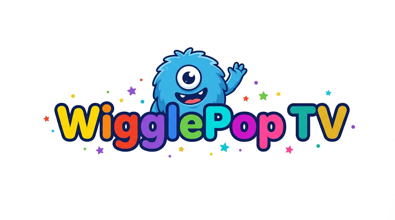 A colorful and friendly logo for a kids' channel called 'WigglePop TV'. The logo features a happy blue monster waving from behind the bubbly, multi-colored text, all on a white background.