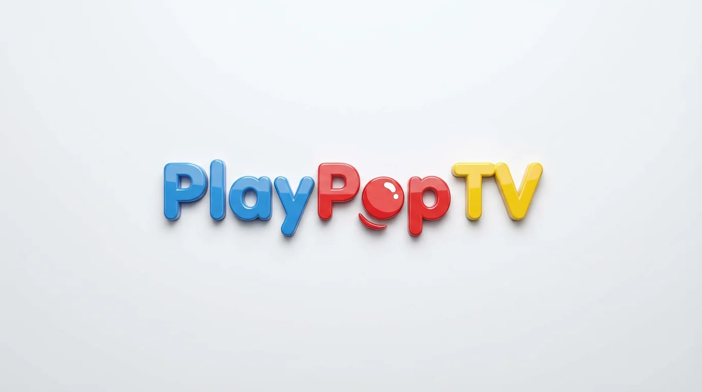 A colorful and cheerful logo for a kids' channel called 'PlayPop TV', set against a plain white background. The logo uses bubbly, multi-colored letters and features a smiling red ball as the 'o'.