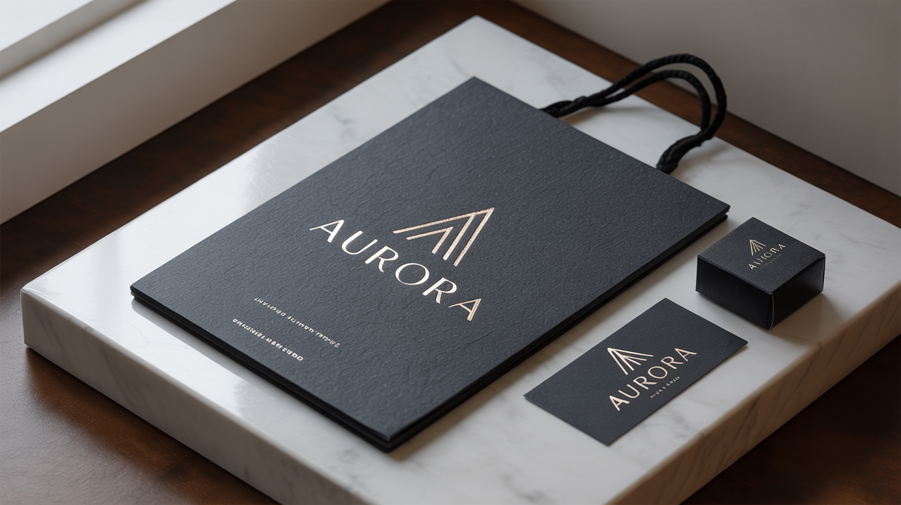 A professionally designed fashion logo for a brand named "AURORA", presented in a luxurious flat lay mockup. The gold foil logo is shown on a black business card, a shopping tag, and a gift box against a white marble background.