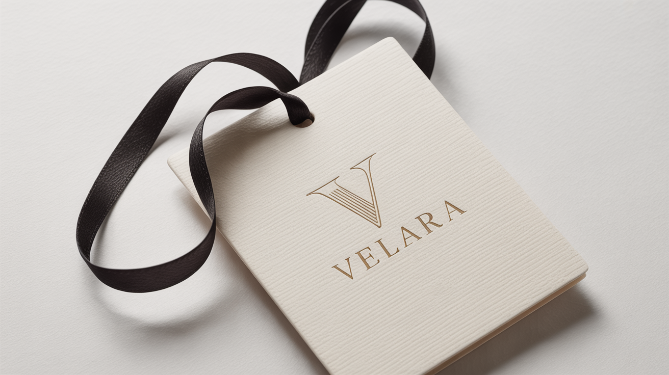 A close-up, top-down view of a luxury fashion logo mockup on a white background, featuring a cream-colored clothing tag with a gold foil logo for a brand named 'VELARA'.