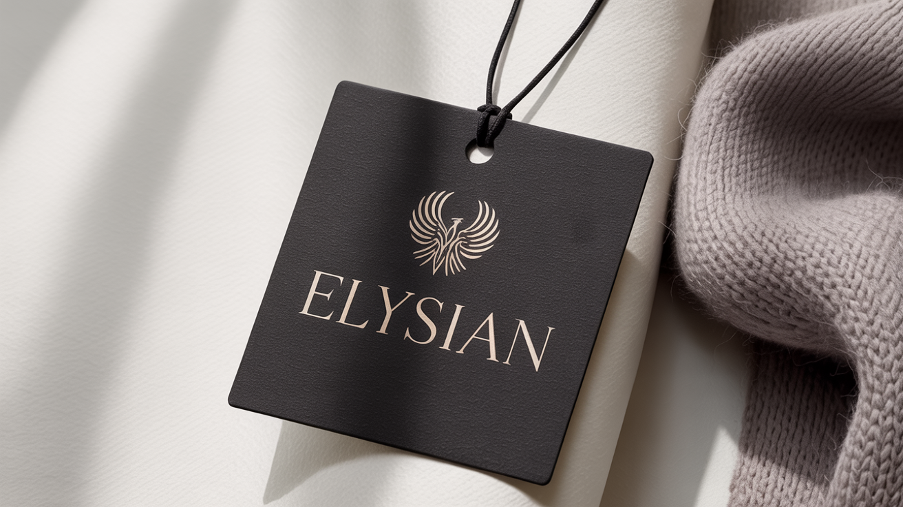 A close-up mockup of a luxury fashion logo for the brand 'Elysian', embossed in gold on a black clothing tag against a white background.