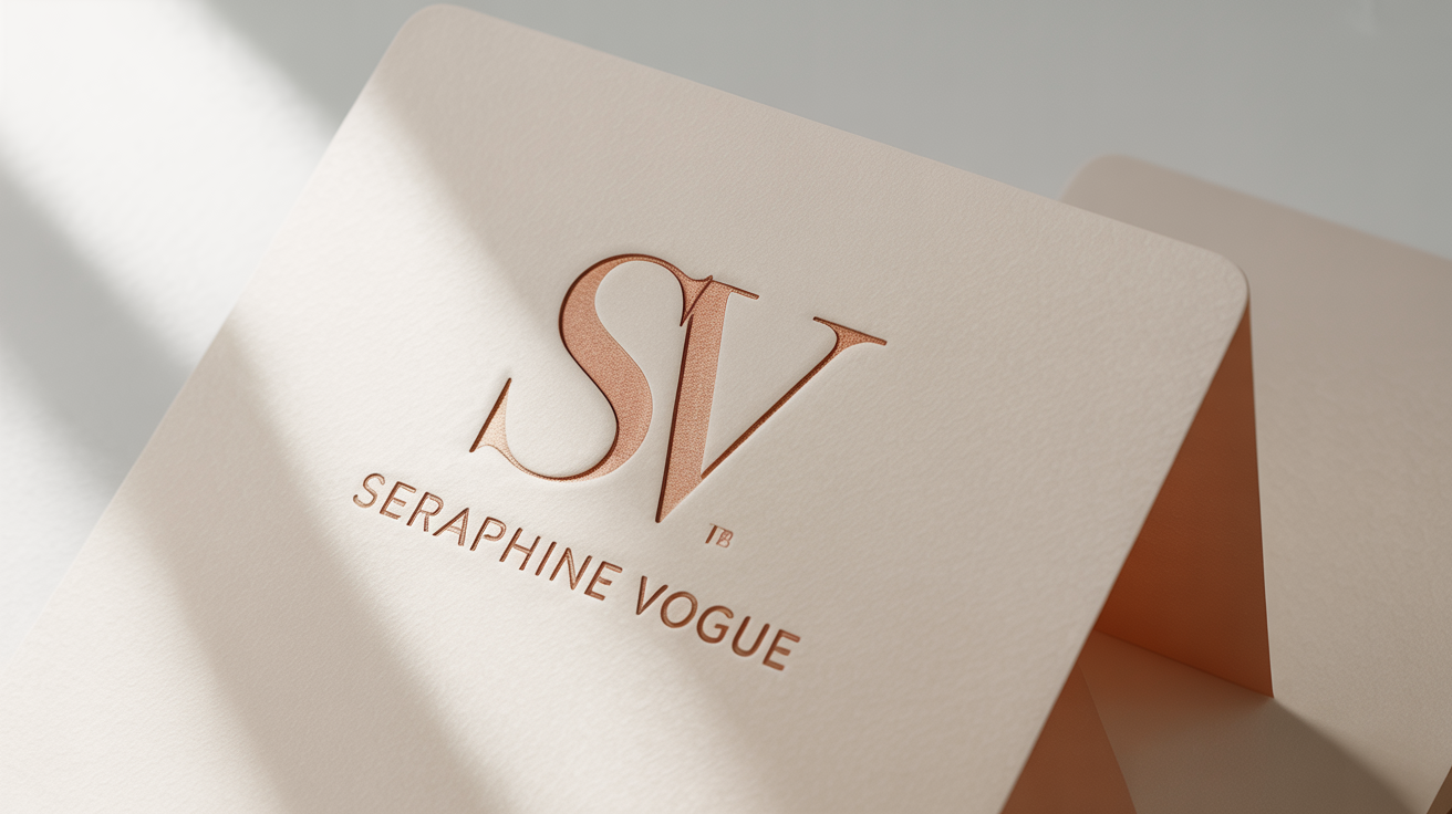 A luxurious and minimalist fashion logo mockup for 'SERAPHINE VOGUE', featuring a rose gold monogram embossed on a high-quality cream paper card, set against a clean white background.