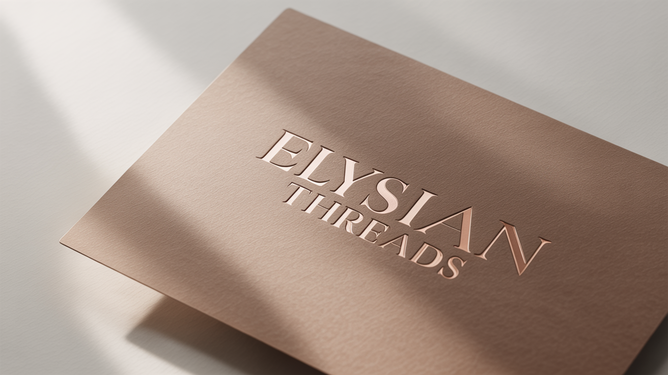 A close-up of a sophisticated fashion logo for 'Elysian Threads', embossed in rose gold on textured, off-white paper against a clean white background.