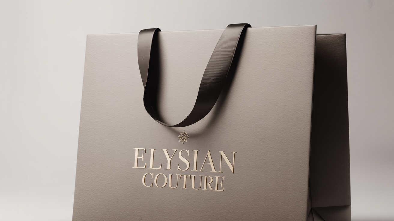 A mockup of a high-end fashion logo, showing the name 'Elysian Couture' in gold foil on a luxury off-white paper bag with black ribbon handles, set against a plain white background.