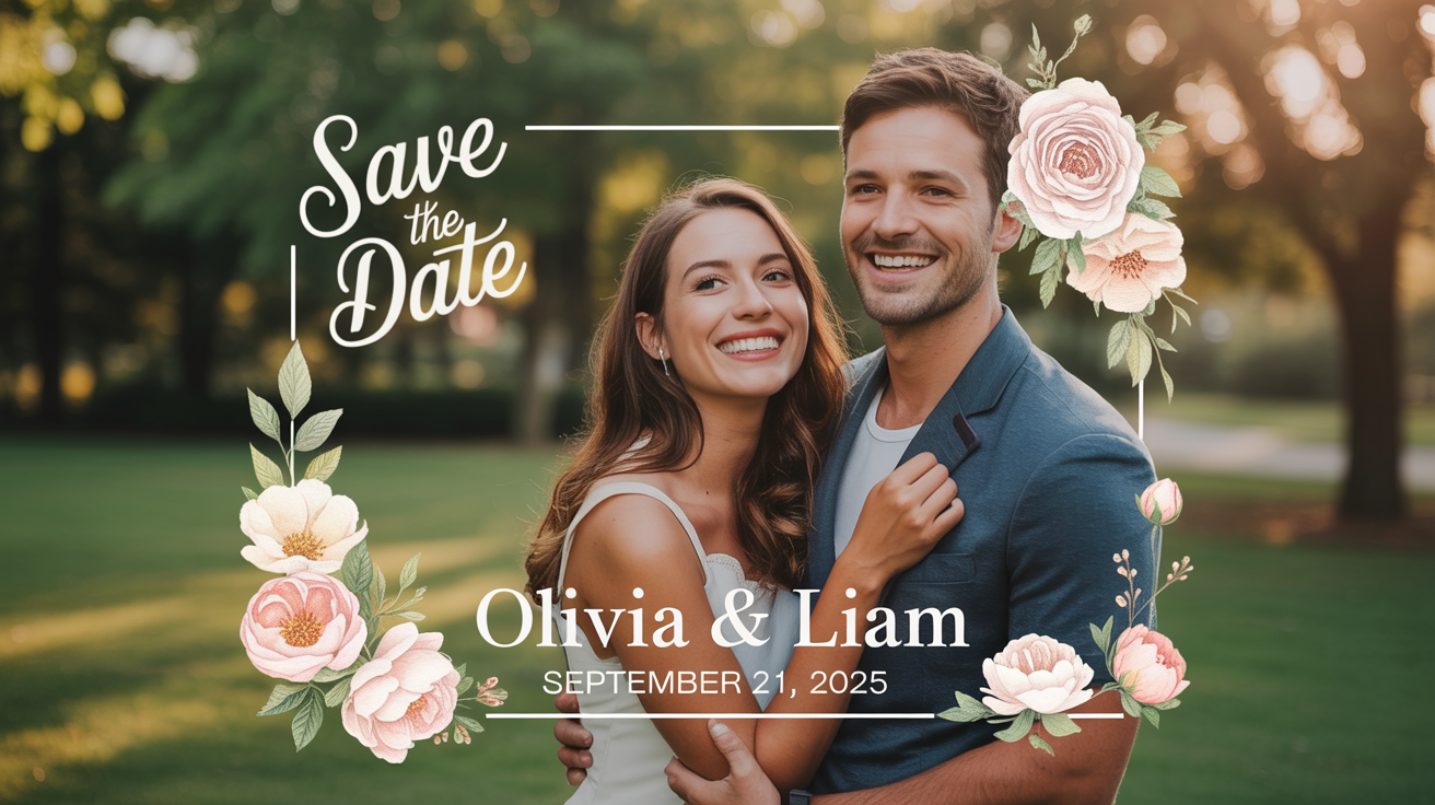 A professionally designed 'Save the Date' video frame showing a happy couple in a park. Elegant text is overlaid, reading 'Save the Date', 'Olivia & Liam', and 'September 21, 2025'. The design includes animated light effects and a play button icon, indicating it's a video.