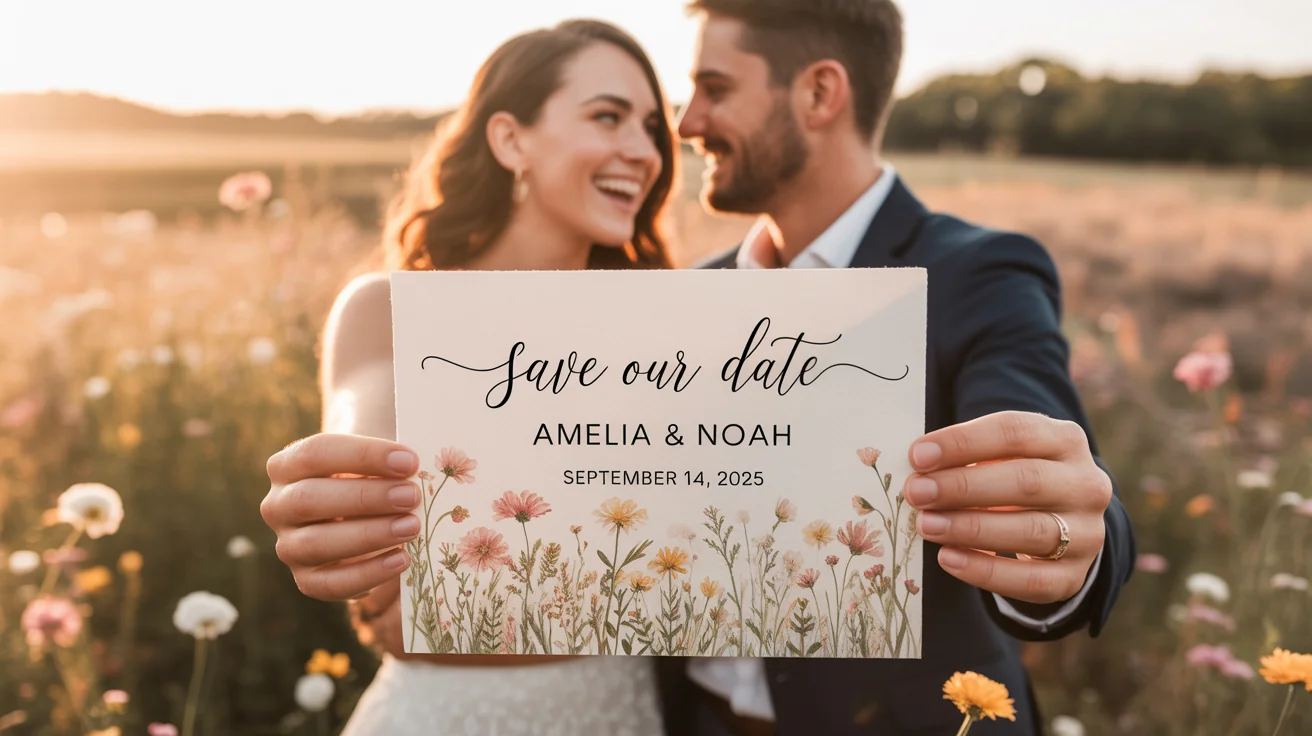 A cinematic photo of a smiling couple holding a 'Save Our Date' card with the names 'Amelia & Noah' and a wedding date, set against a sunny, wildflower field background.