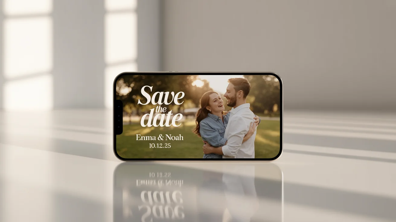 A smartphone on a white background displays a save the date video announcement for 'Emma & Noah' on '10.12.25', showing a happy couple in a park.