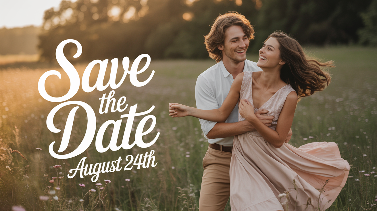 A cinematic photo from a save the date video, showing a happy couple in a sunny field. The man is spinning the woman in her flowing dress. White text overlay reads 'Save The Date' and 'August 24th'.