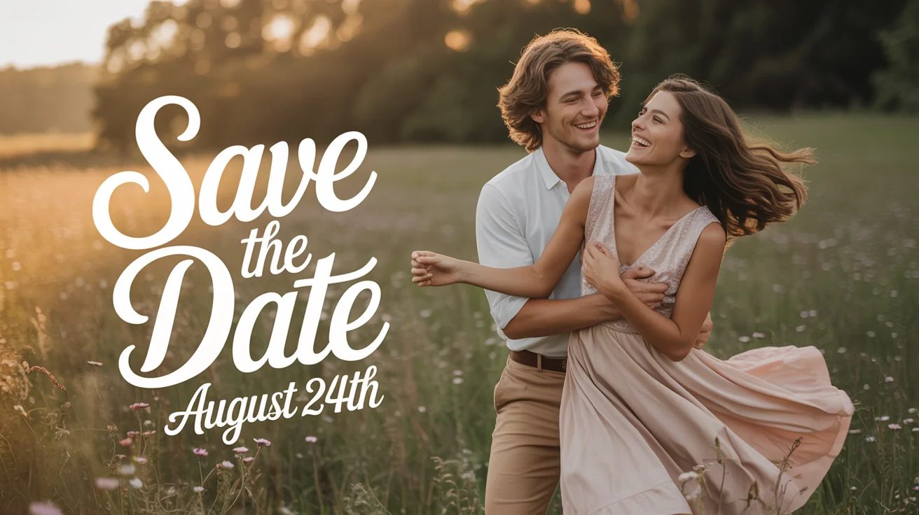 A cinematic photo from a save the date video, showing a happy couple in a sunny field. The man is spinning the woman in her flowing dress. White text overlay reads 'Save The Date' and 'August 24th'.