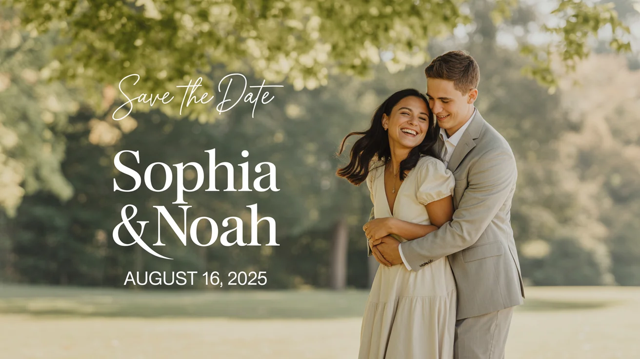 A mockup of a still frame from a save the date video showing a happy couple in a park. Elegant text on the image reads 'Save the Date, Sophia & Noah, August 16, 2025'.