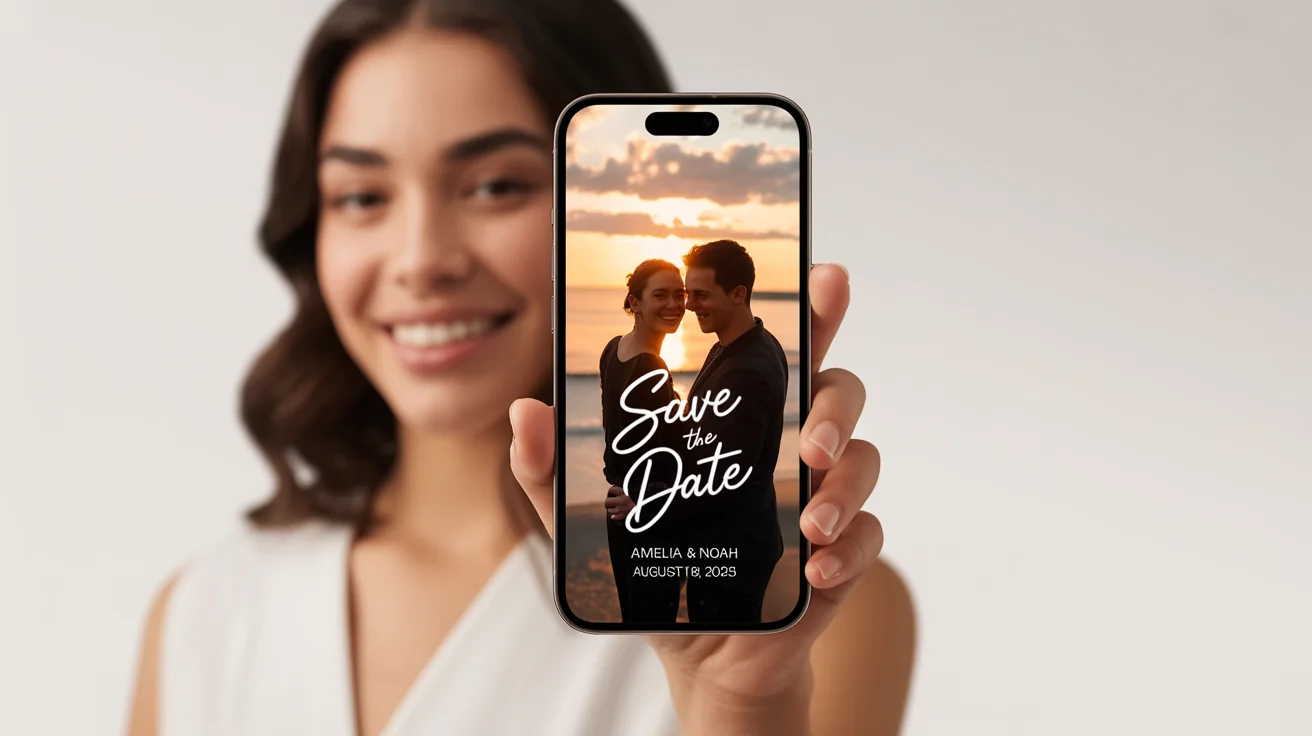 A mockup of a save the date video displayed on a smartphone screen. The phone, held by a woman, shows a romantic beach scene with a couple and the text 'Save the Date, Amelia & Noah, August 18, 2025'.