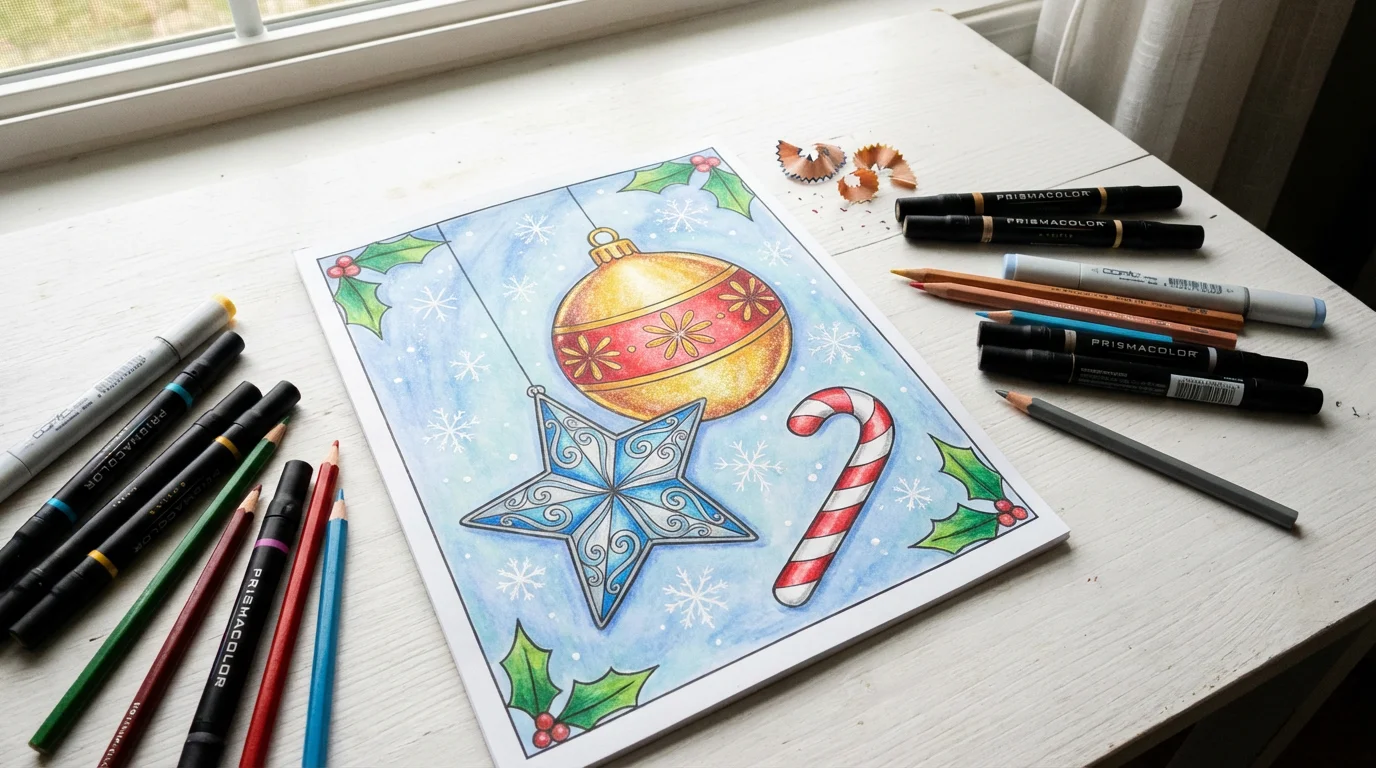 A beautifully colored-in holiday ornament coloring page shown in a top-down view, featuring a red and gold bauble, a blue star, and a candy cane ornament, with colored pencils resting beside the page on a white table.