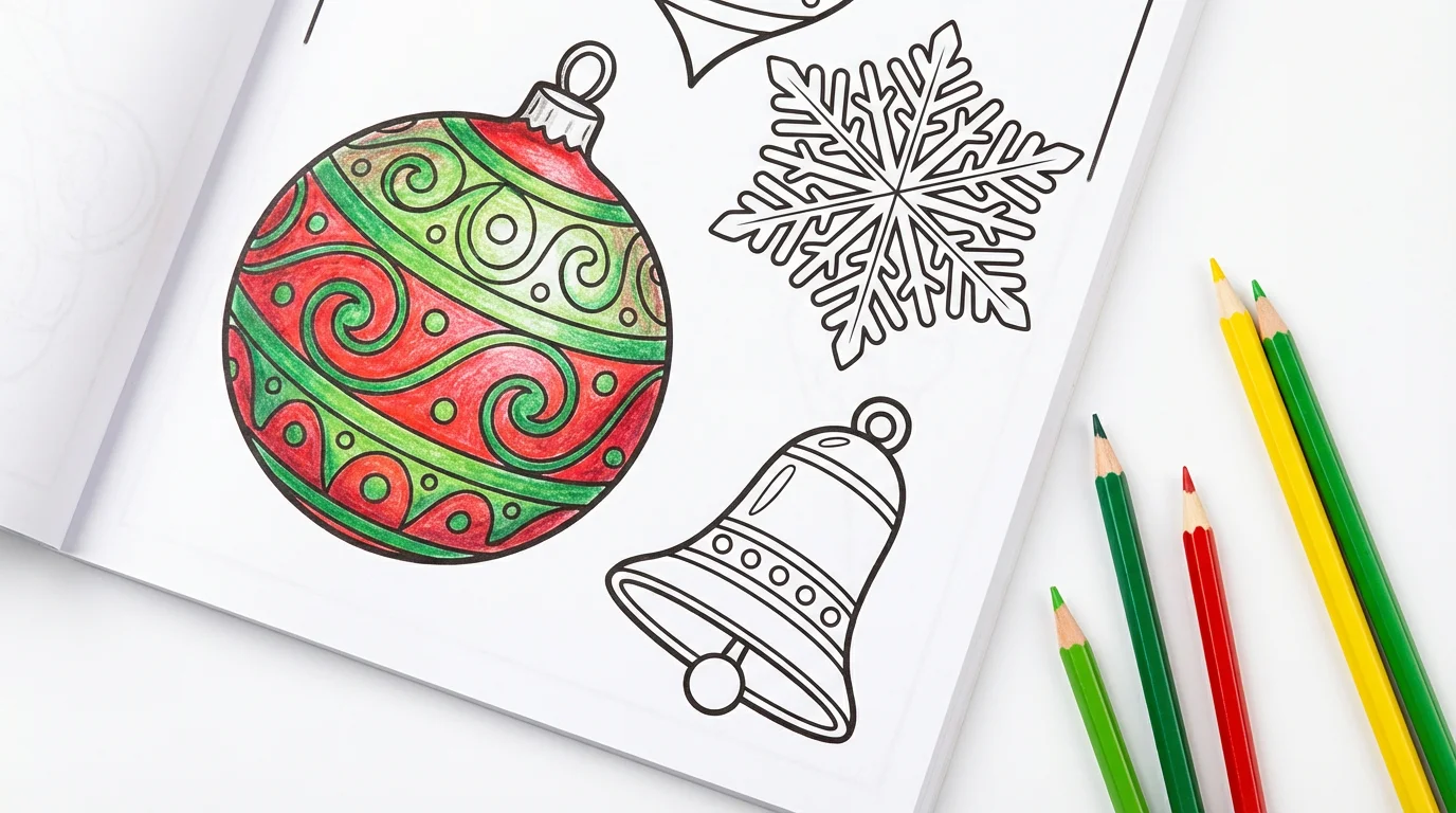 A partially colored-in coloring page of Christmas ornaments lying on a white surface, with red, green, and yellow colored pencils placed next to it.