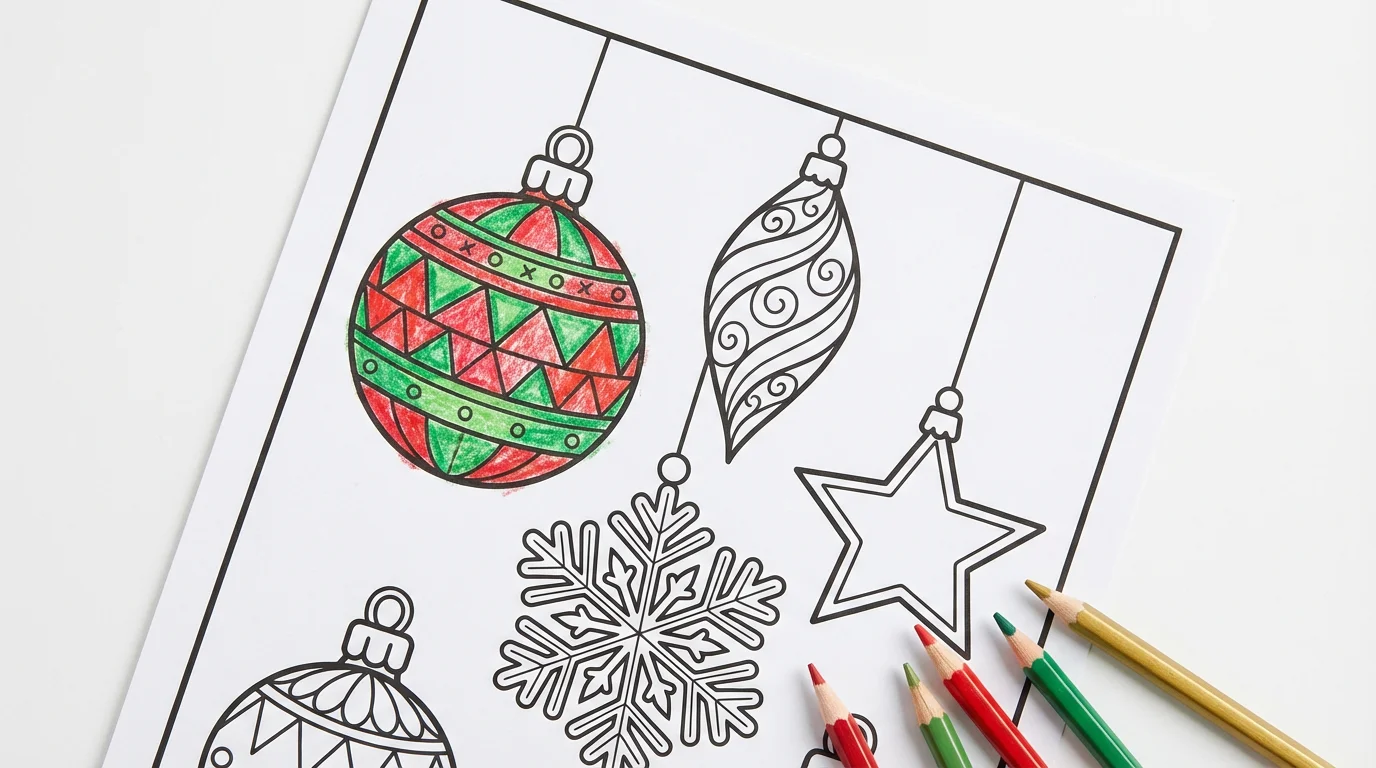 A coloring book page with intricate outlines of various Christmas ornaments, partially colored in with red and green, lying on a white background with colored pencils nearby.