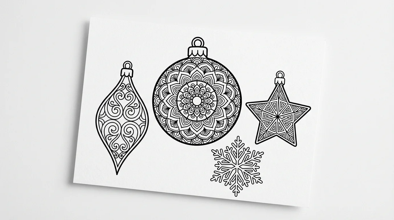 A black and white Christmas coloring page mockup on a white background, featuring four distinct ornaments with intricate patterns ready to be colored.