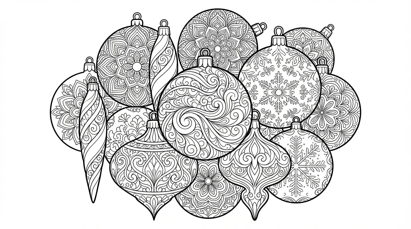 A black and white line art coloring page showing a cluster of intricately designed Christmas ornaments against a stark white background.