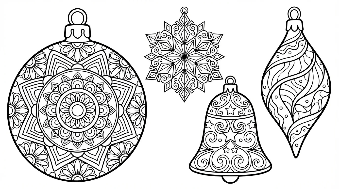 A black and white coloring page mockup showing four different Christmas ornaments with detailed patterns for coloring, presented on a clean white background.