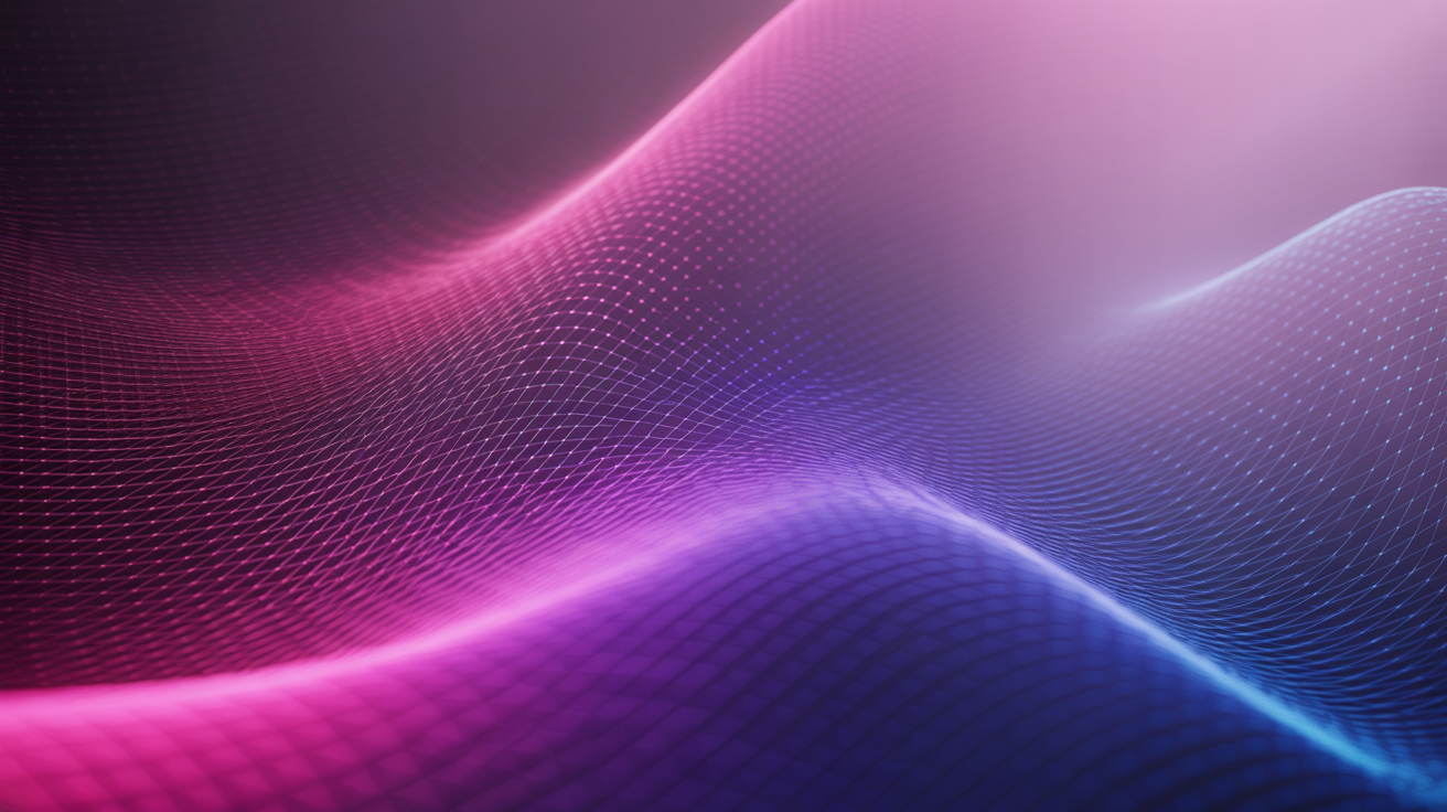 A high-quality hero image displaying a final mesh gradient design. It features a smooth, vibrant color transition from pink and purple to deep blue, with a subtle grid overlay creating a modern, three-dimensional effect.