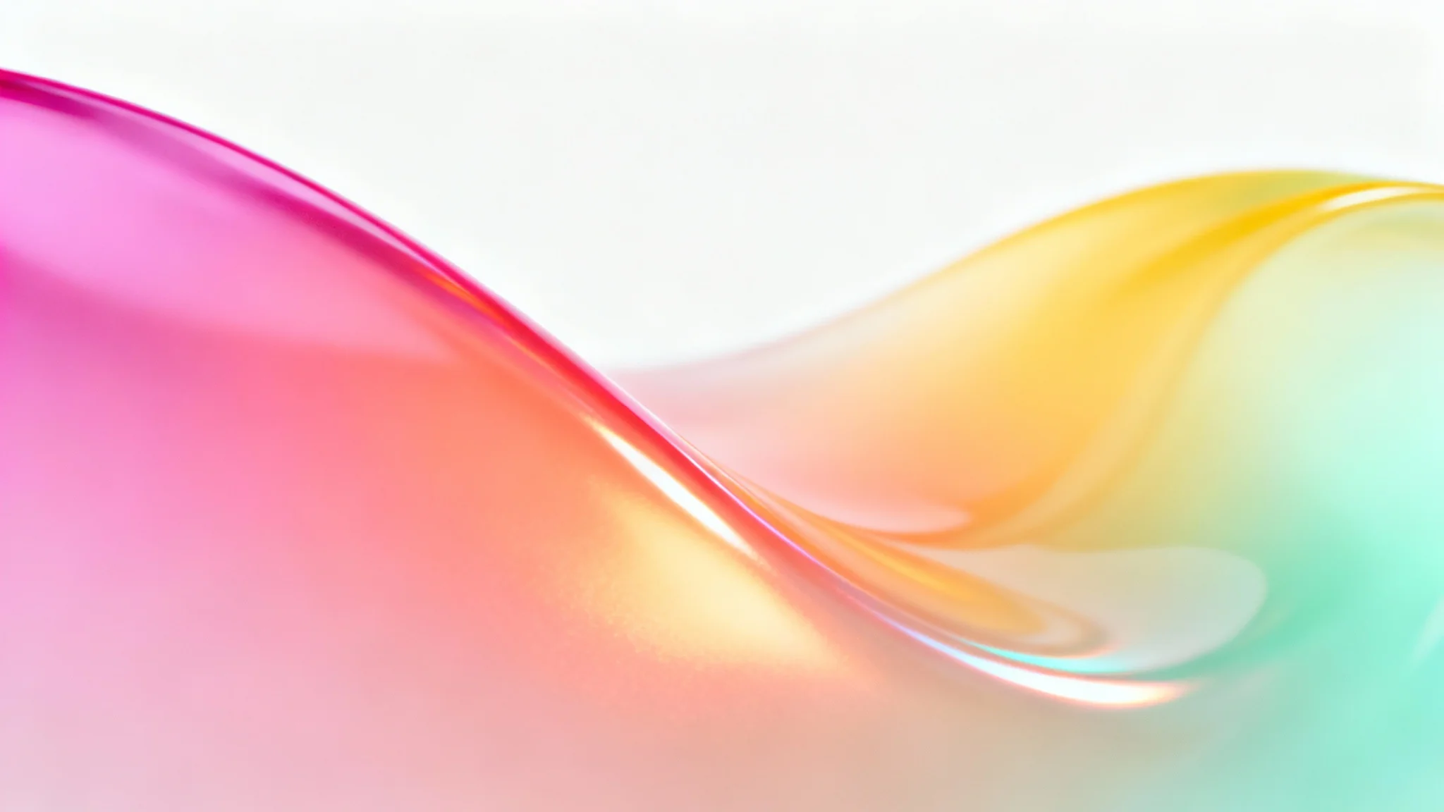 An abstract mesh gradient with a smooth, fluid blend of magenta, coral, yellow, and mint green colors, presented on a clean white background.