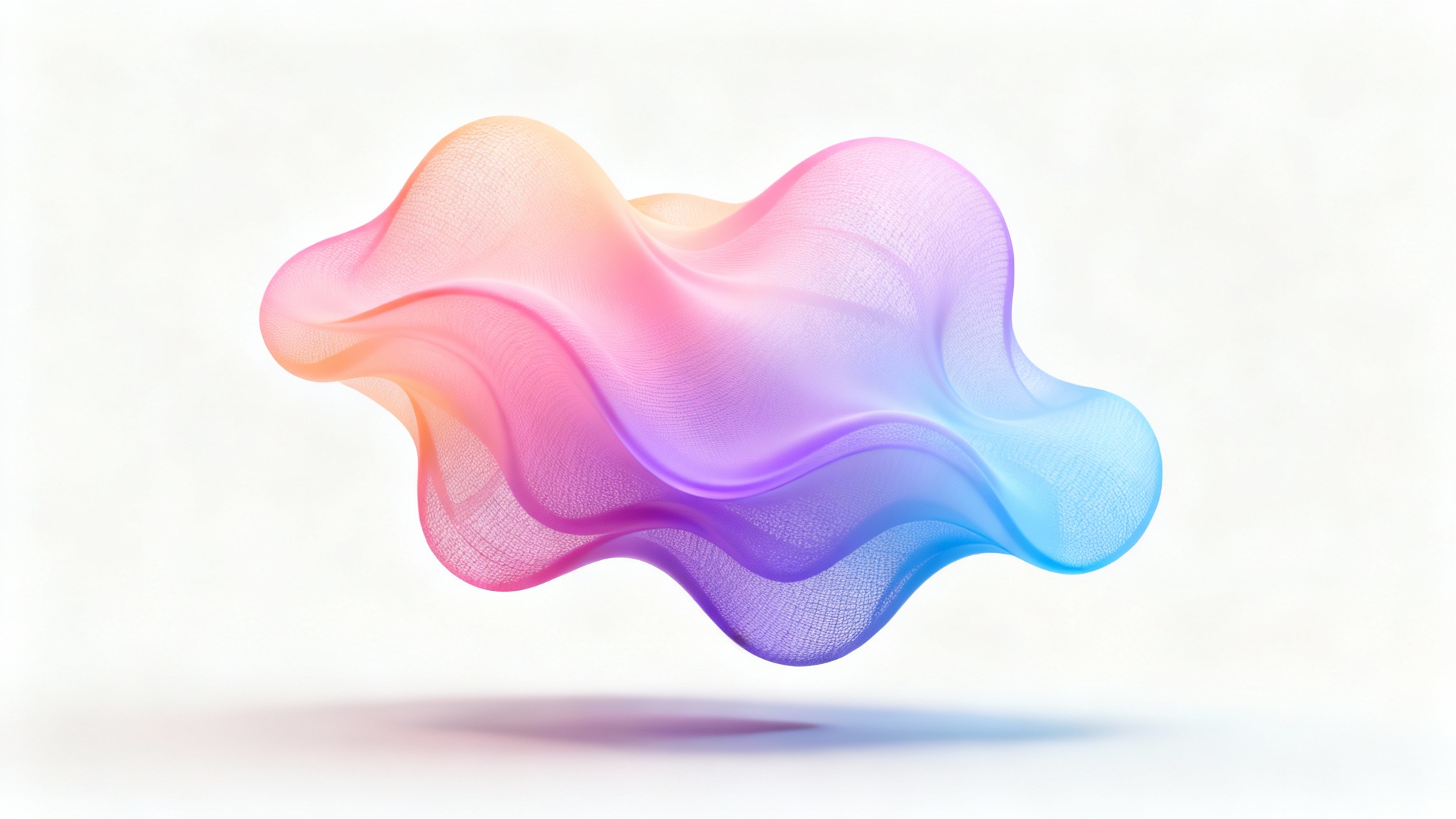 An abstract, fluid mesh gradient in soft pastel colors of pink, peach, and lavender, floating against a clean white background, creating a soft 3D effect.