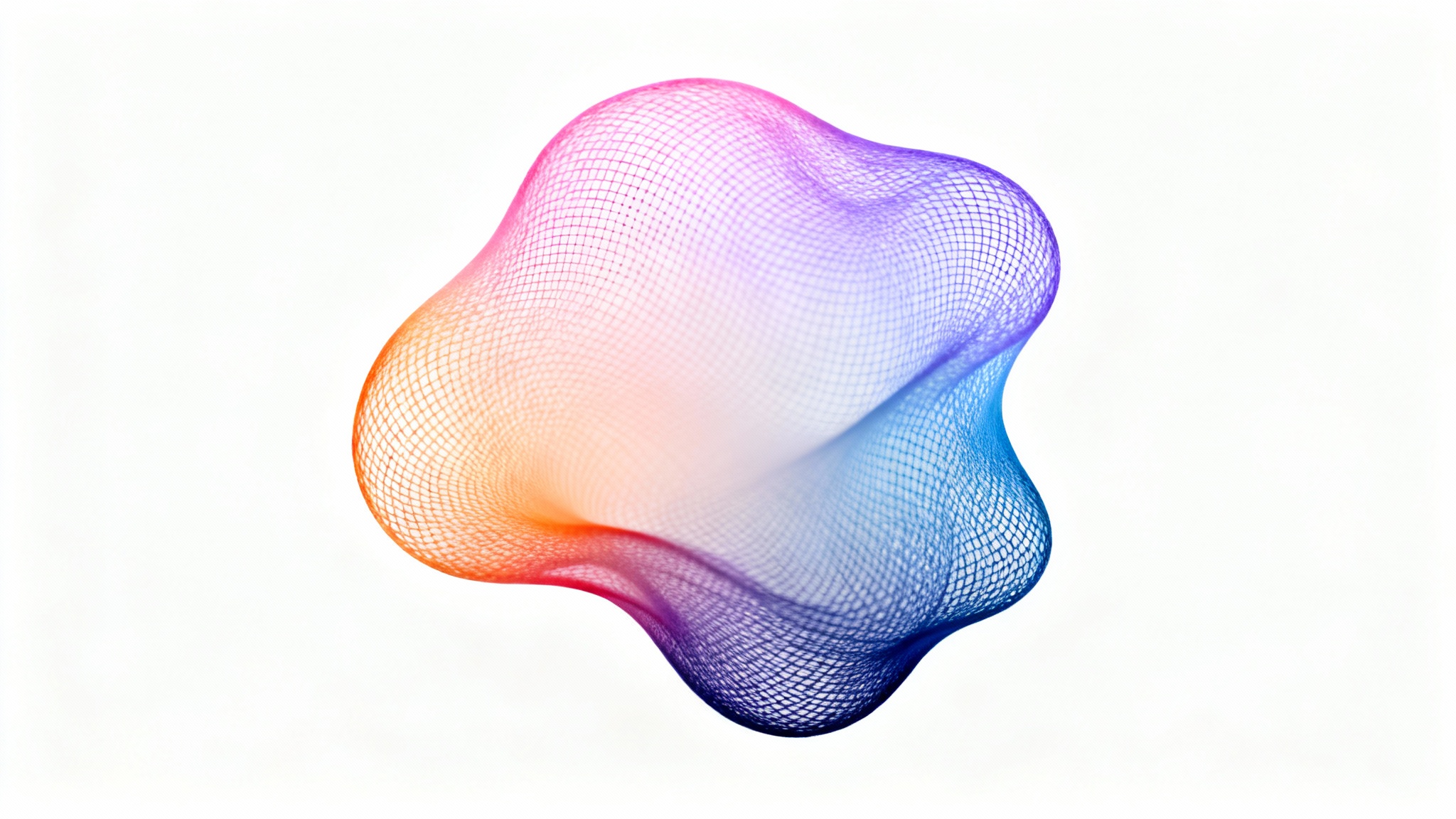 An abstract mesh gradient with a smooth blend of pink, purple, orange, and blue colors, set against a clean white background.
