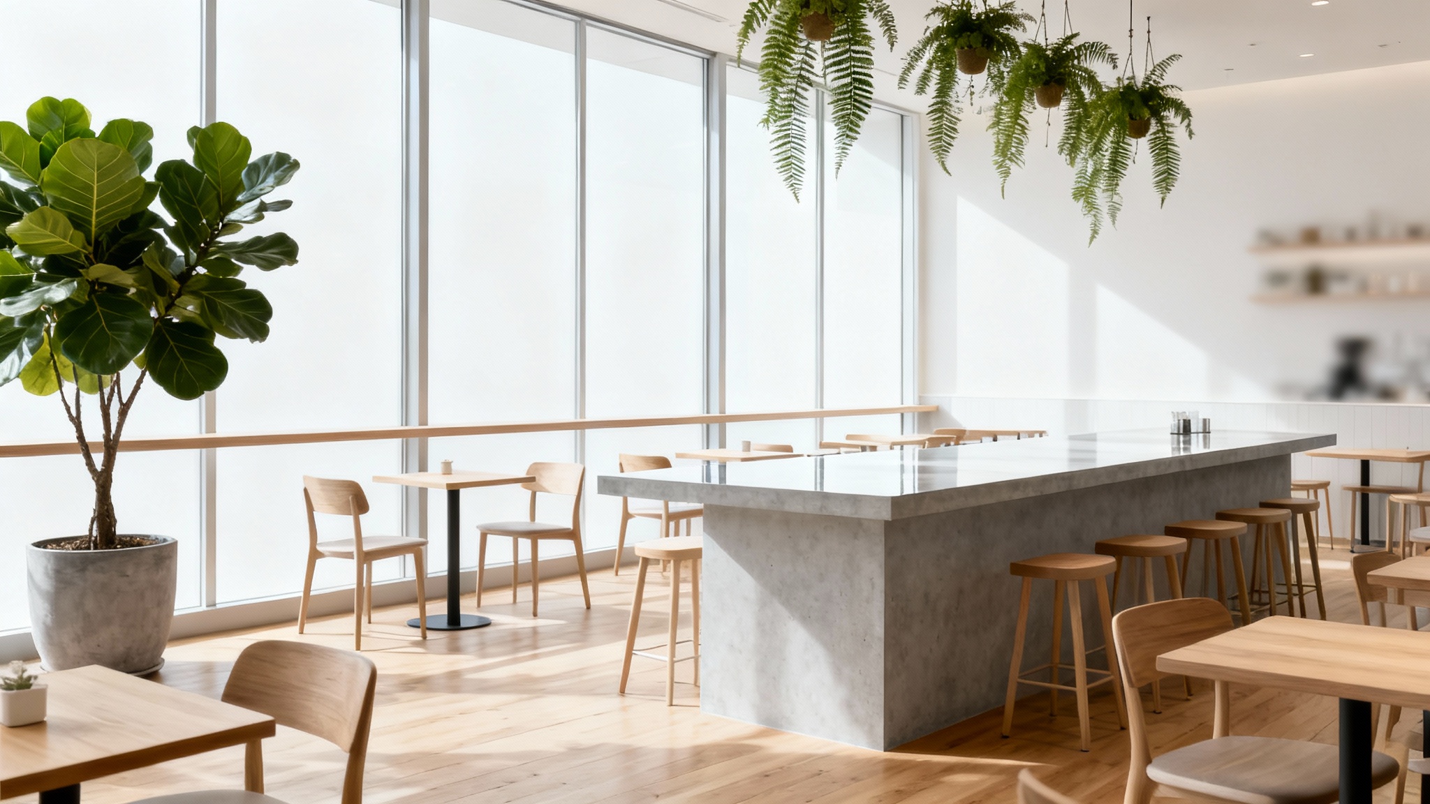 A photorealistic mockup of a bright and airy modern cafe interior, showcasing a Scandinavian and Japanese design with light wood furniture, a polished concrete counter, and large green plants against a clean white background.