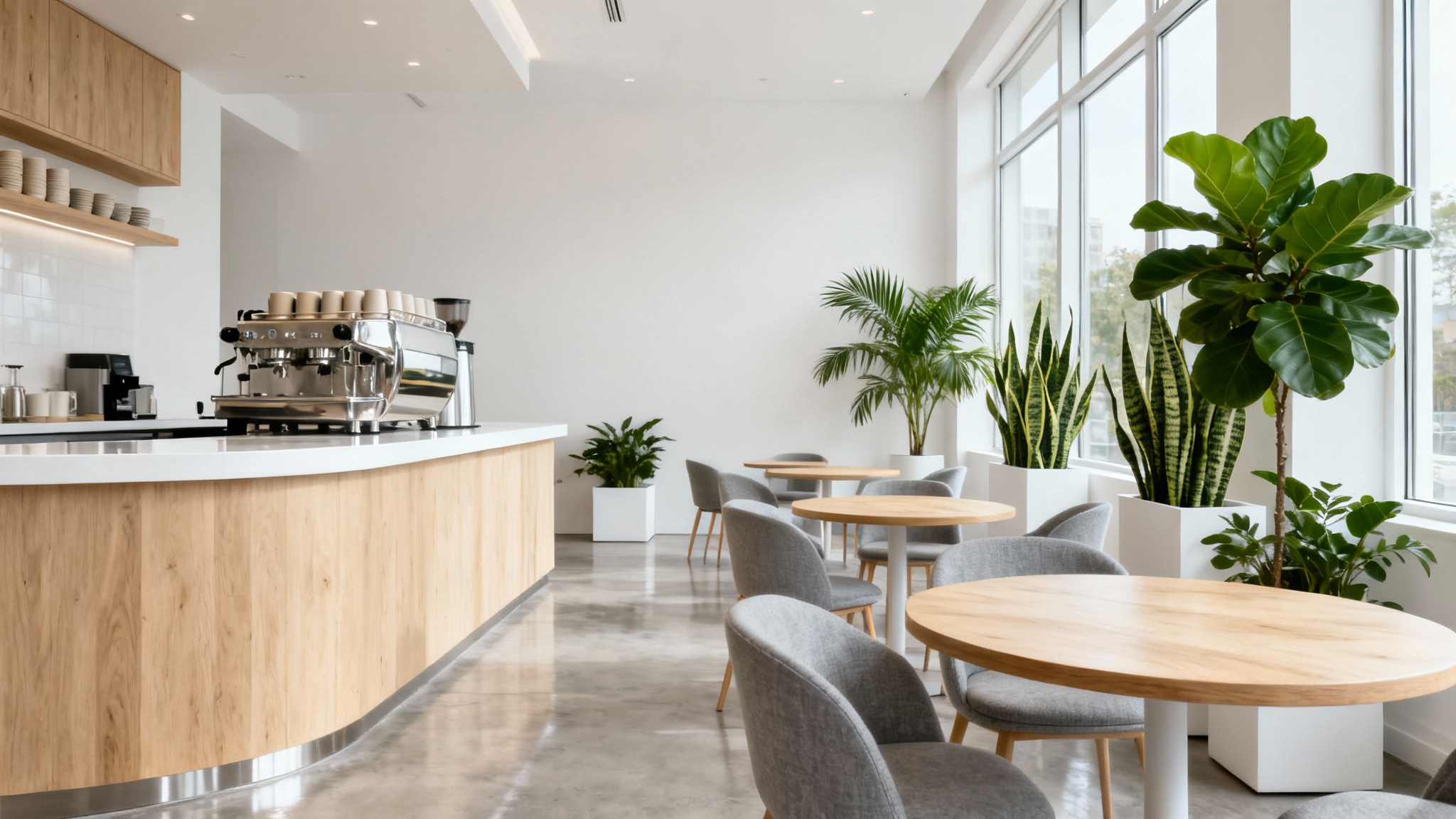 A serene and modern cafe interior featuring light wood furniture, a white coffee bar, polished concrete floors, and abundant natural light from large windows, with green plants adding a touch of color.